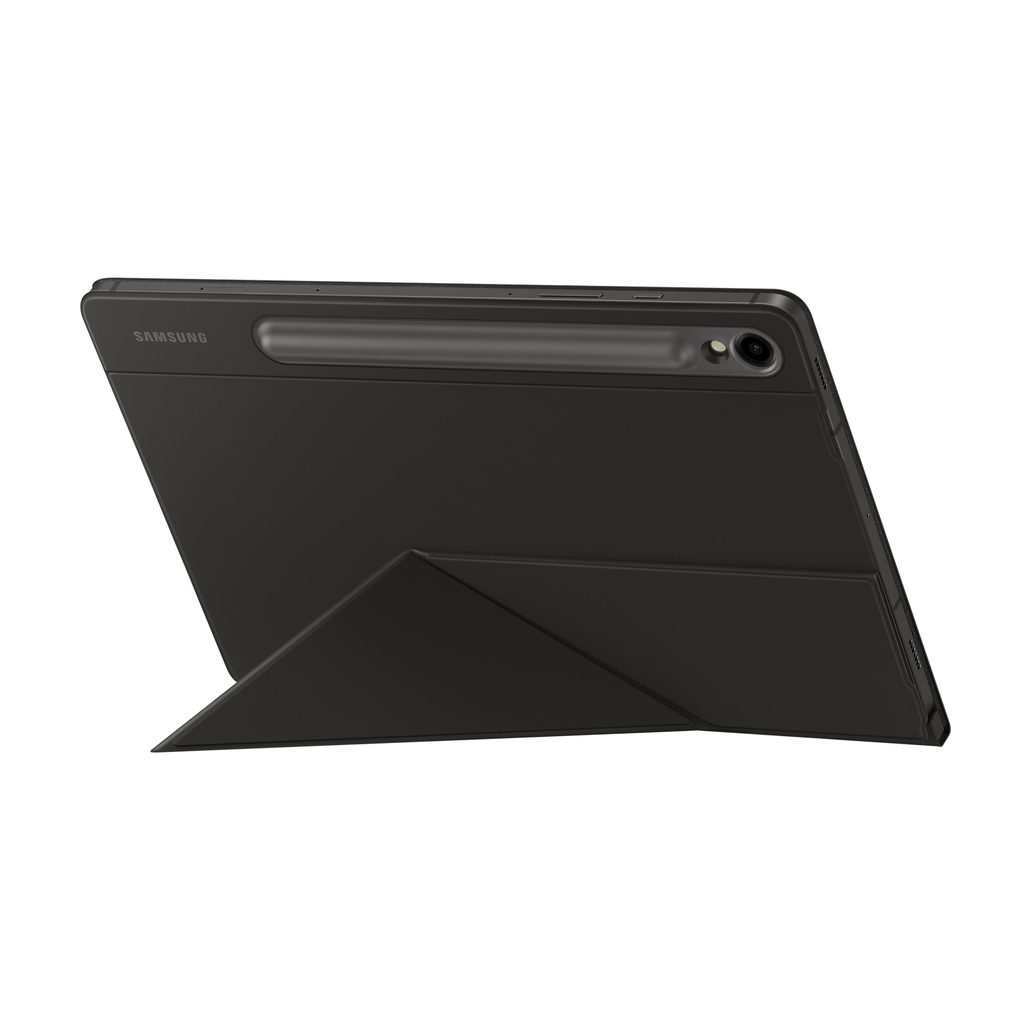 Un tablet Samsung nero con porta pennino e fotocamera posteriore.