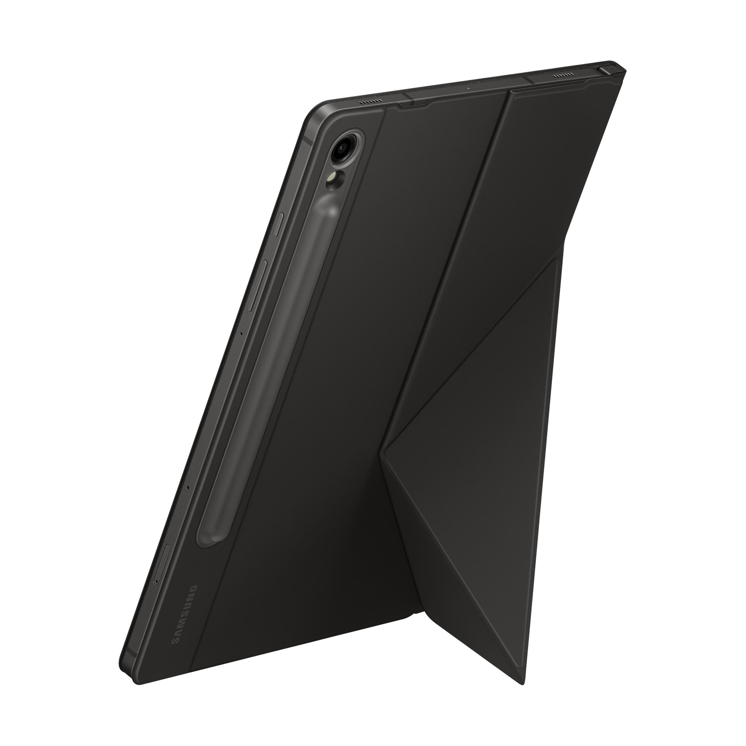 Un tablet nero con stilo in una custodia piegata che funge da supporto.