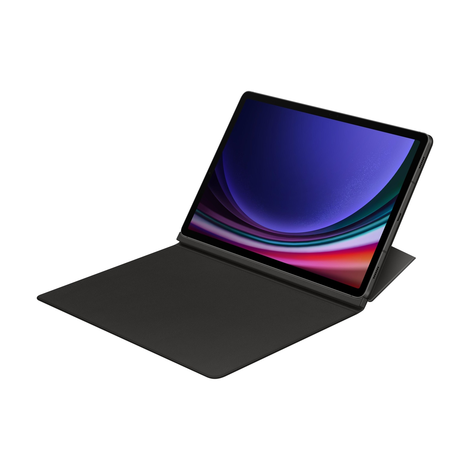 Un tablet scuro con uno sfondo colorato poggia su una cover nera.