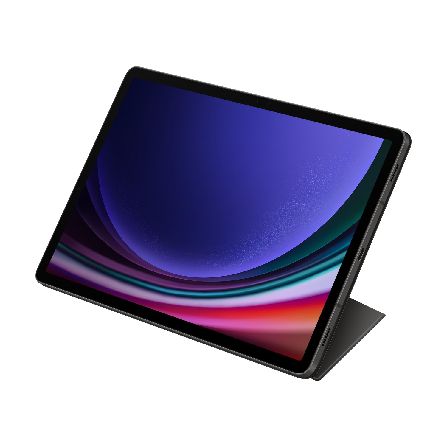Un tablet nero con uno sfondo colorato sullo schermo e un supporto.