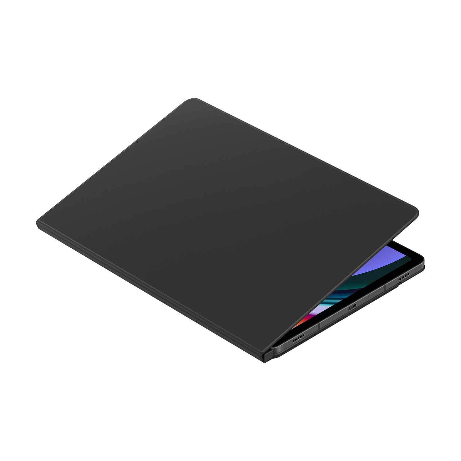 Un tablet nero con cover aperta, che mostra lo schermo con icone colorate.
