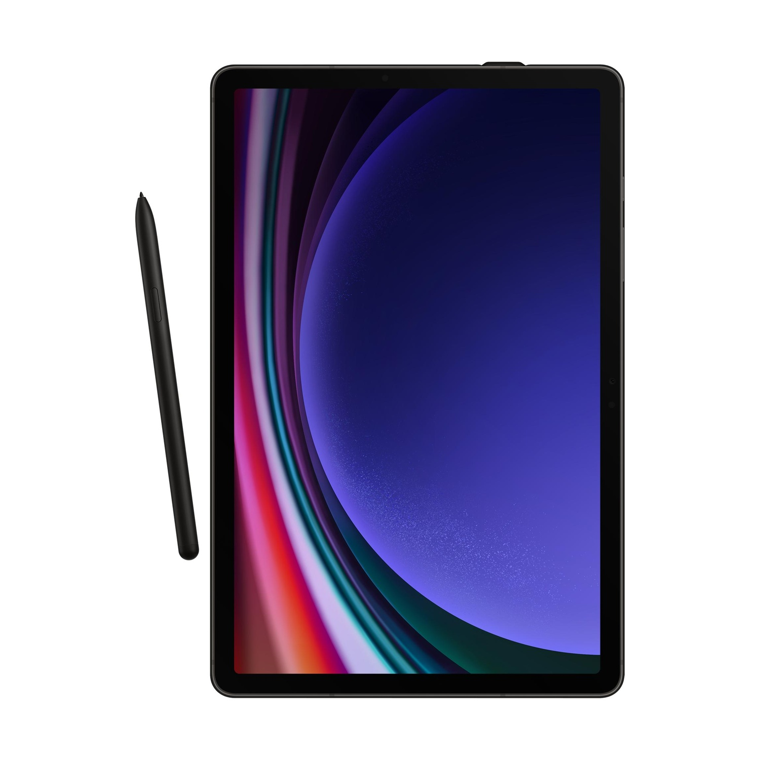 Tablet nero con stilo su sfondo bianco.