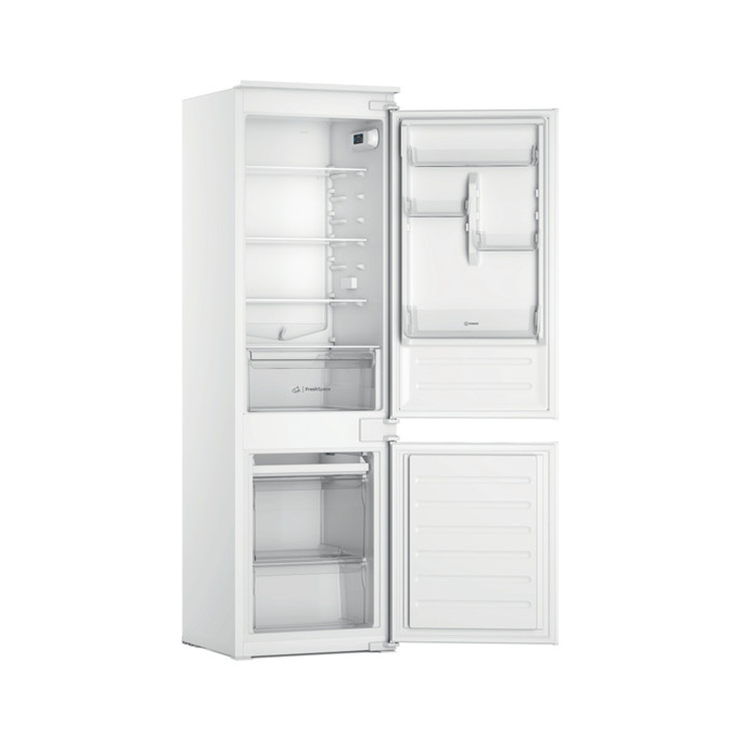 Un frigorifero bianco con porte aperte, vuoto e pulito.