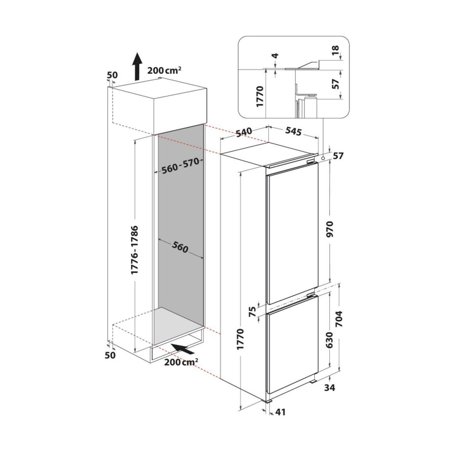 Disegno tecnico di un frigorifero con dimensioni e dettagli di ventilazione.
