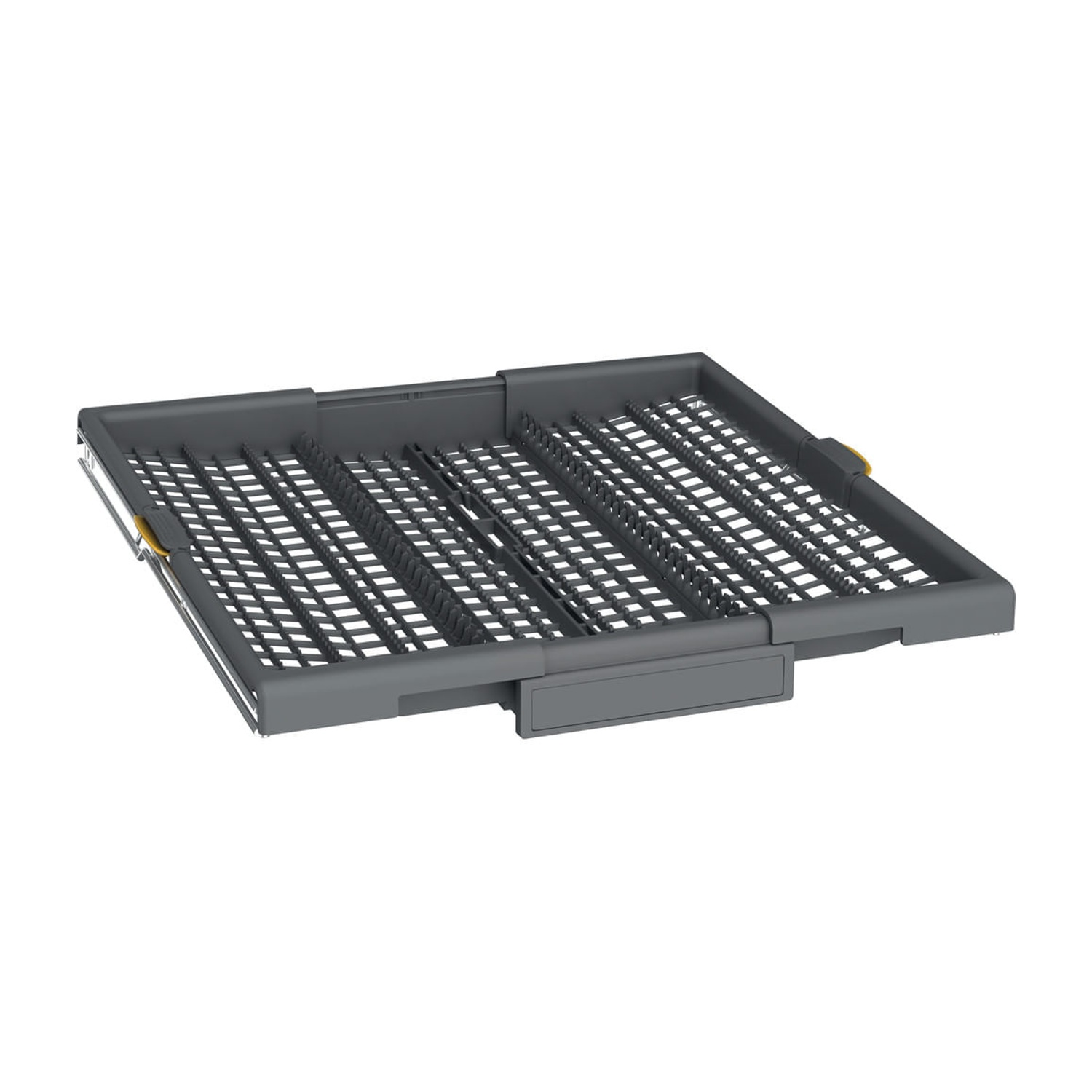 Cestello grigio estraibile per lavastoviglie con molti supporti.