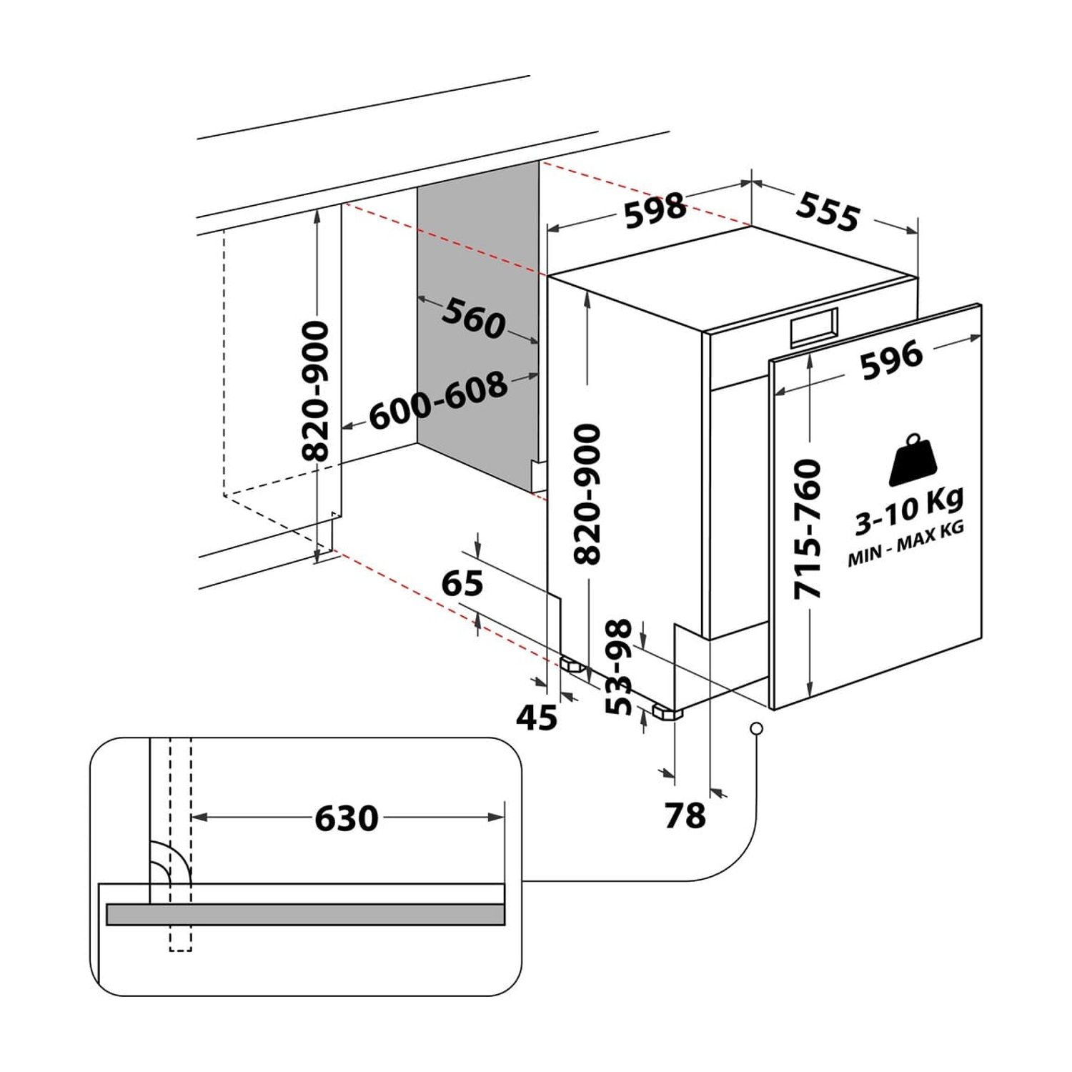 Disegno tecnico di una lavastoviglie con dimensioni.