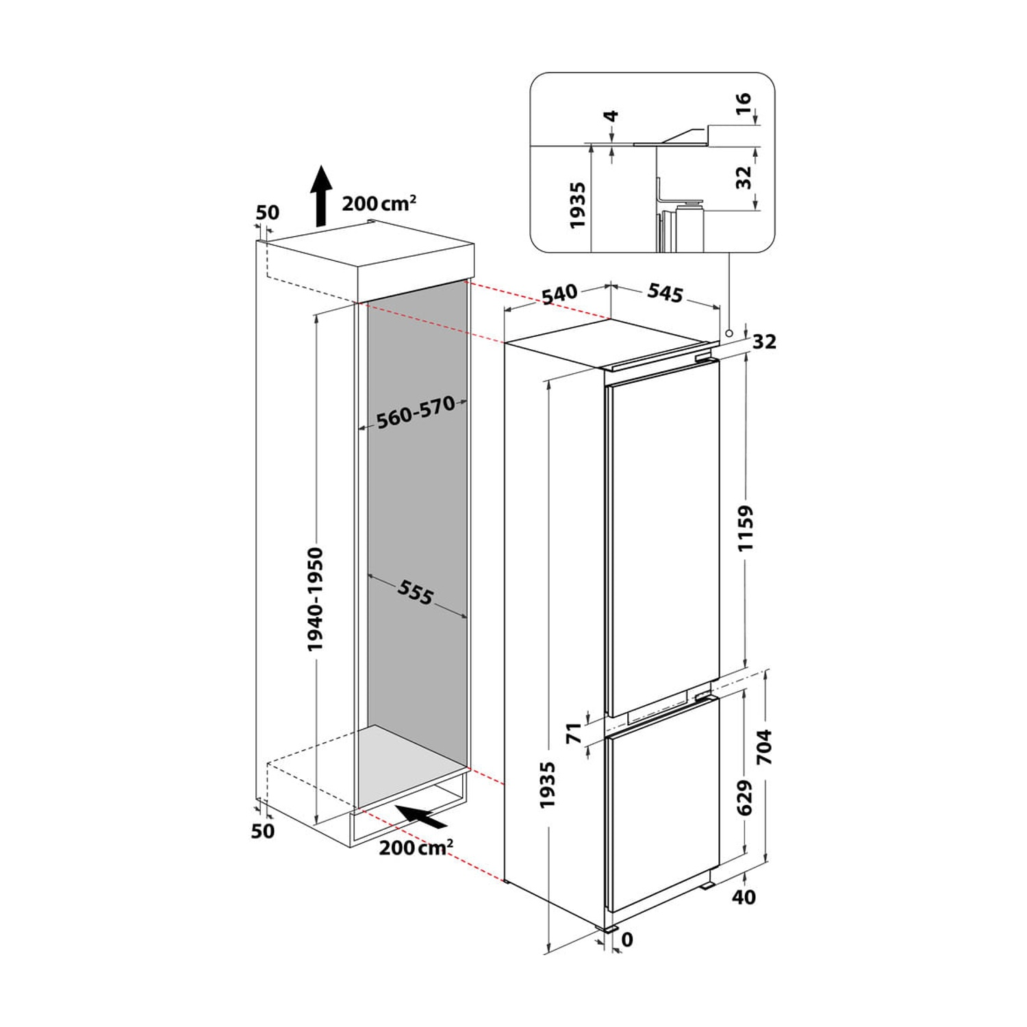 Disegno tecnico di un frigorifero con dimensioni e dettagli di ventilazione.