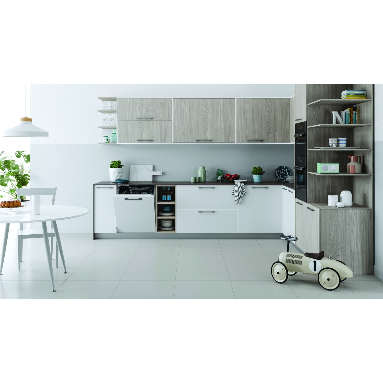 Cucina moderna con mobili in legno, elettrodomestici, tavolo e macchinina giocattolo.