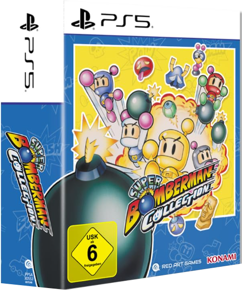 PS5 Spiel "Super Bomberman Collection" mit Bomben und Charakteren.