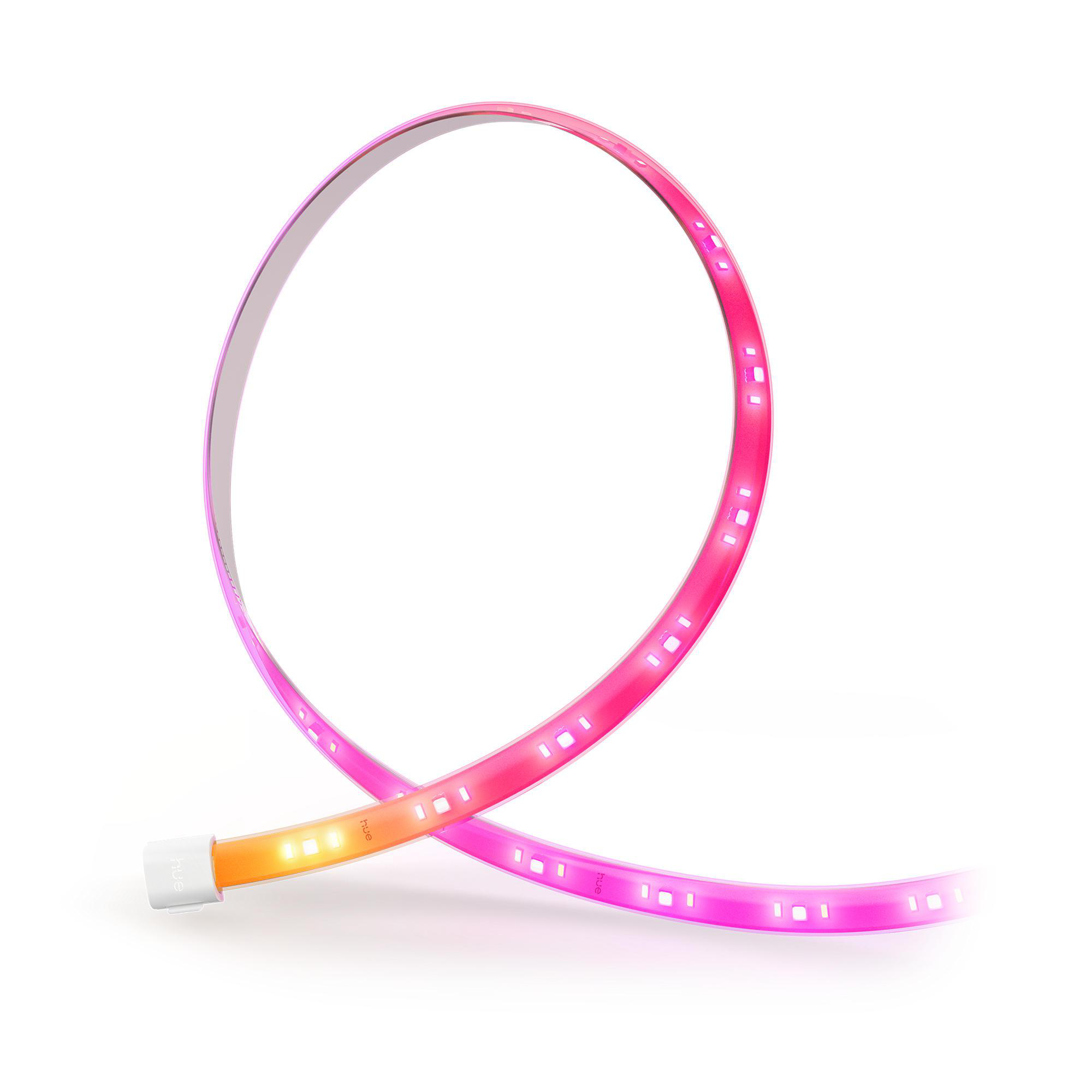 Ein biegsames LED-Lichtband in Orange und Pink, auf weißem Hintergrund.