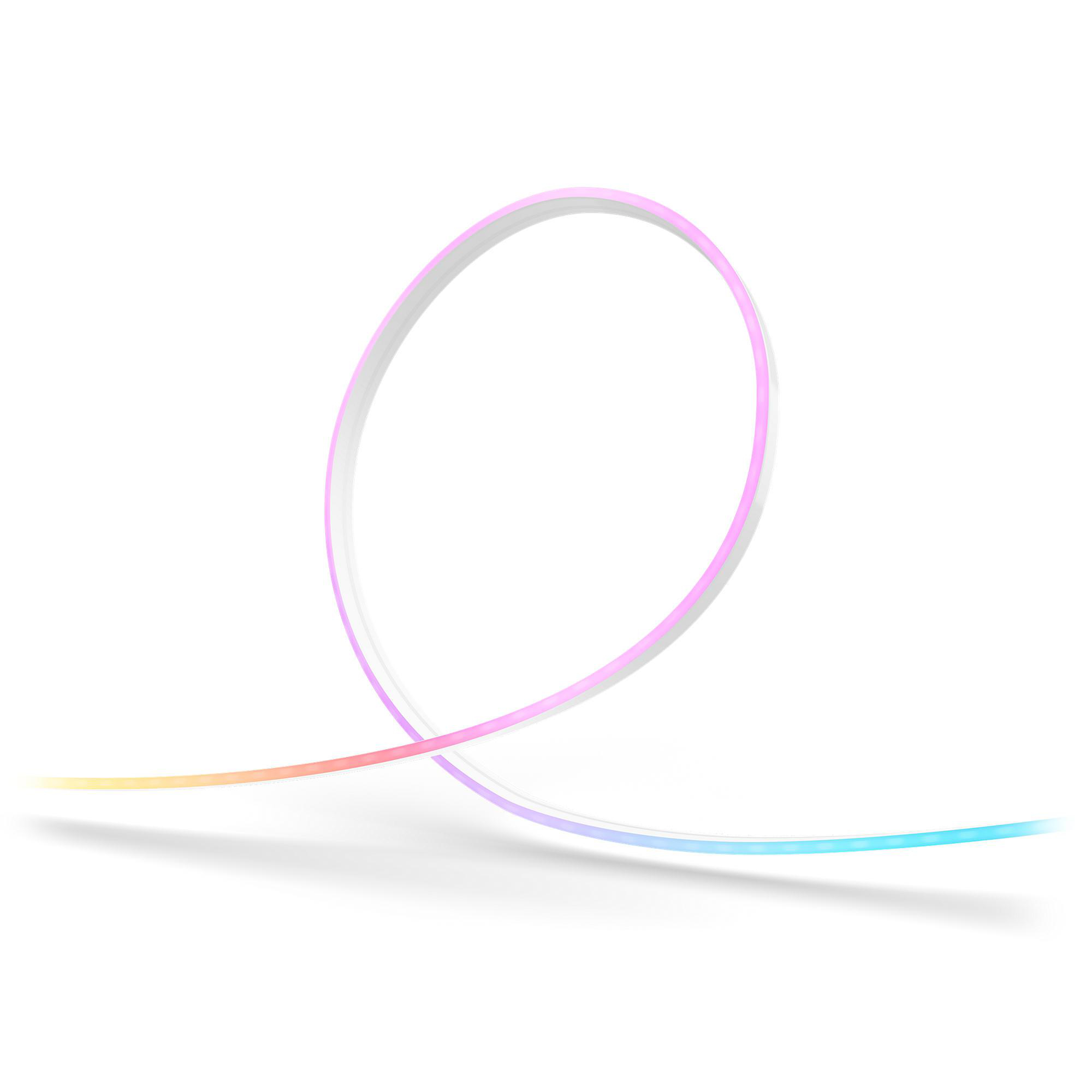 Eine gebogene weiße LED-Leiste mit Farbverlauf von Rosa zu Blau auf weißem Hintergrund.