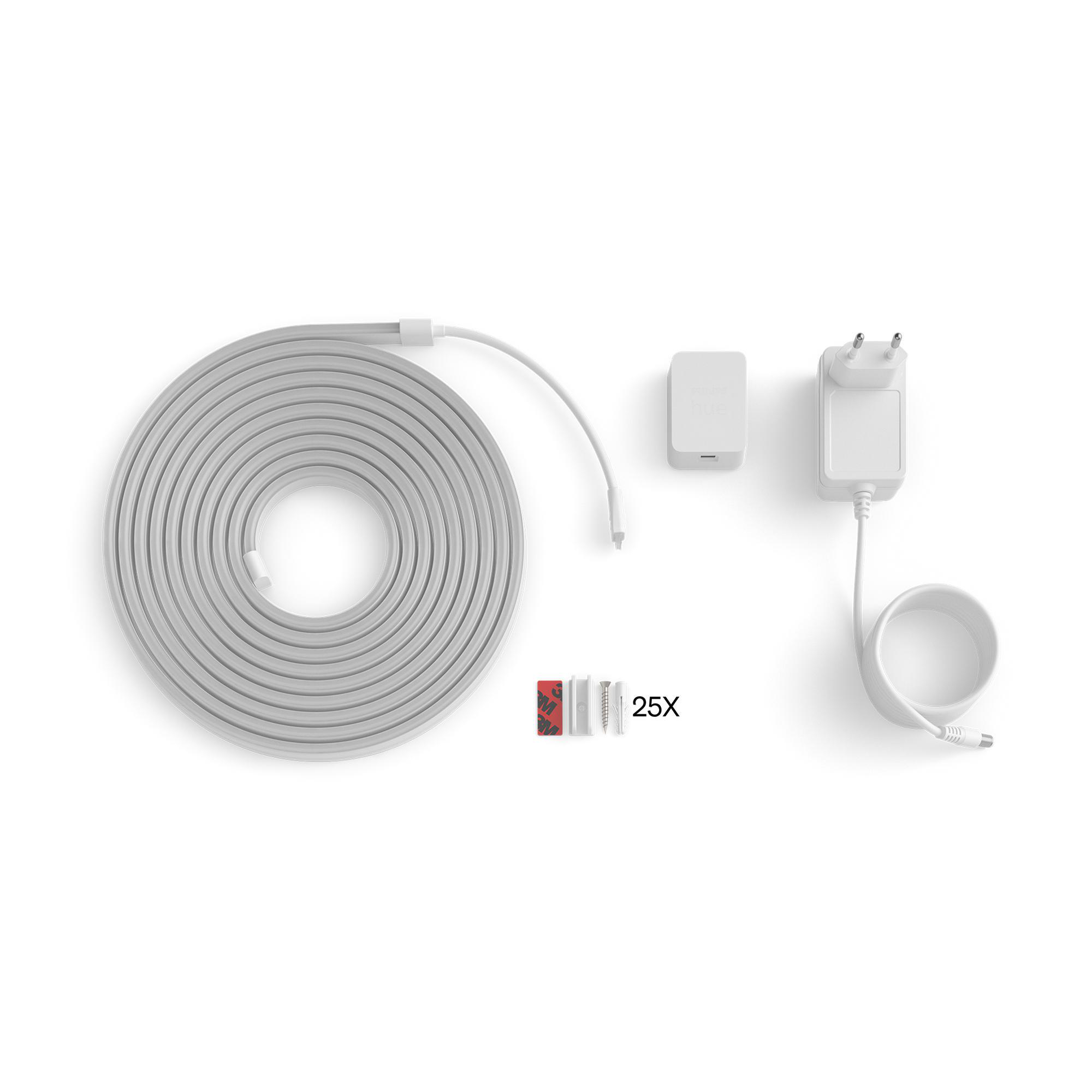 Ein weißes Flexlichtband mit Netzteil, Stecker und Befestigungsmaterial.