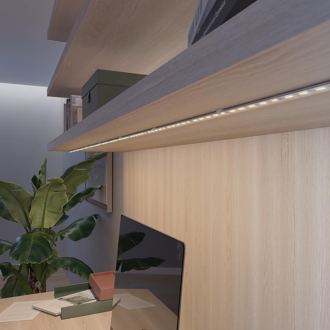 Ein Schreibtisch mit einem Monitor, Pflanzen und einem Regal mit LED-Licht.