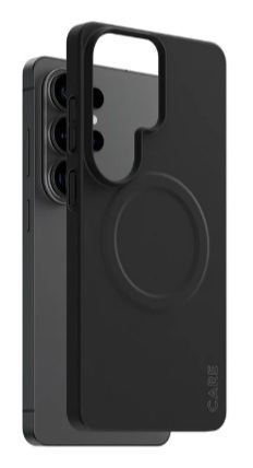 Czarny telefon z etui z okrągłym wytłoczeniem.