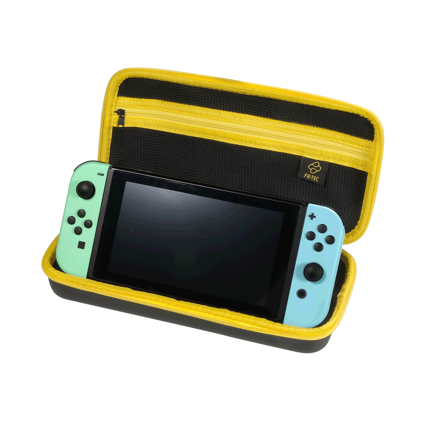 Nintendo Switch in gelber Tasche mit mint- und hellblauen Joy-Cons.