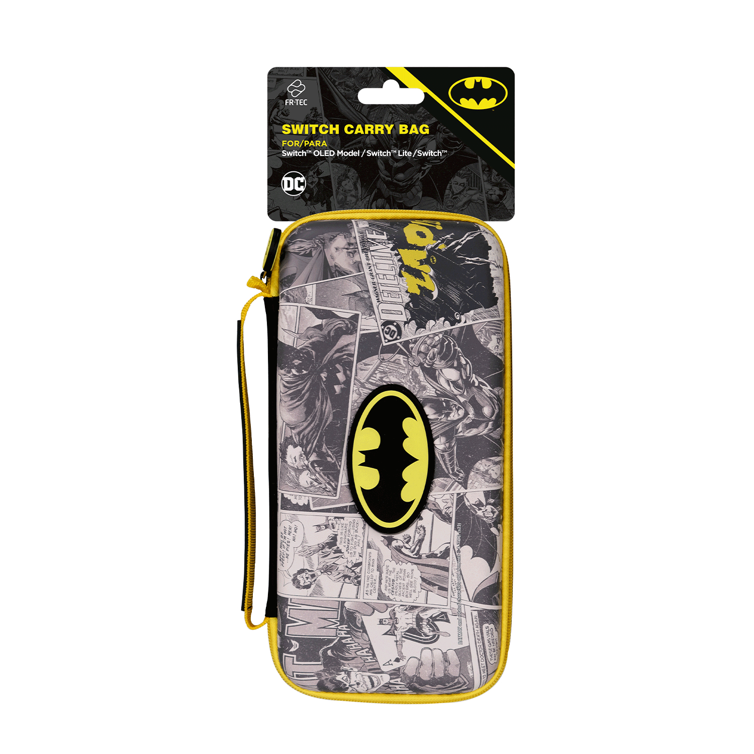 Ein Nintendo Switch Tragetasche mit Batman Comic-Design und gelbem Rand.