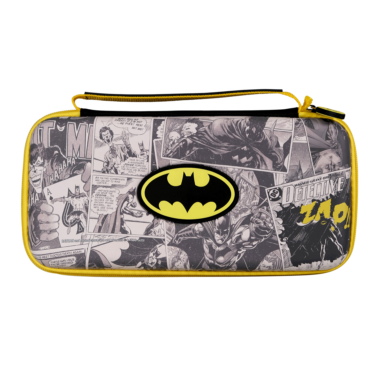 Eine Tasche mit Batman-Comic-Motiv und Batman-Logo, mit gelben Akzenten.