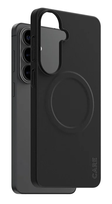 Czarny smartfon z aparatem i czarnym etui z wytłoczonym kołem.