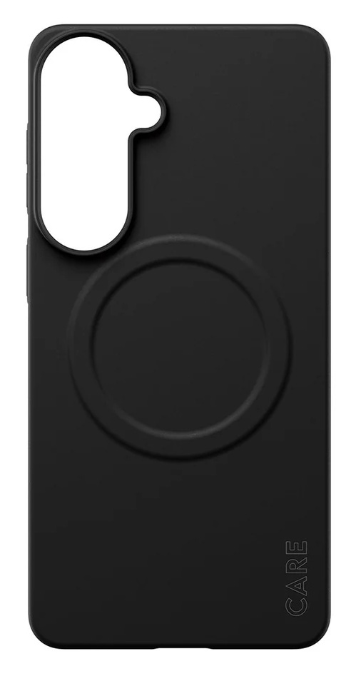 Czarne etui na telefon z okrągłym wzorem i wycięciem na aparat.