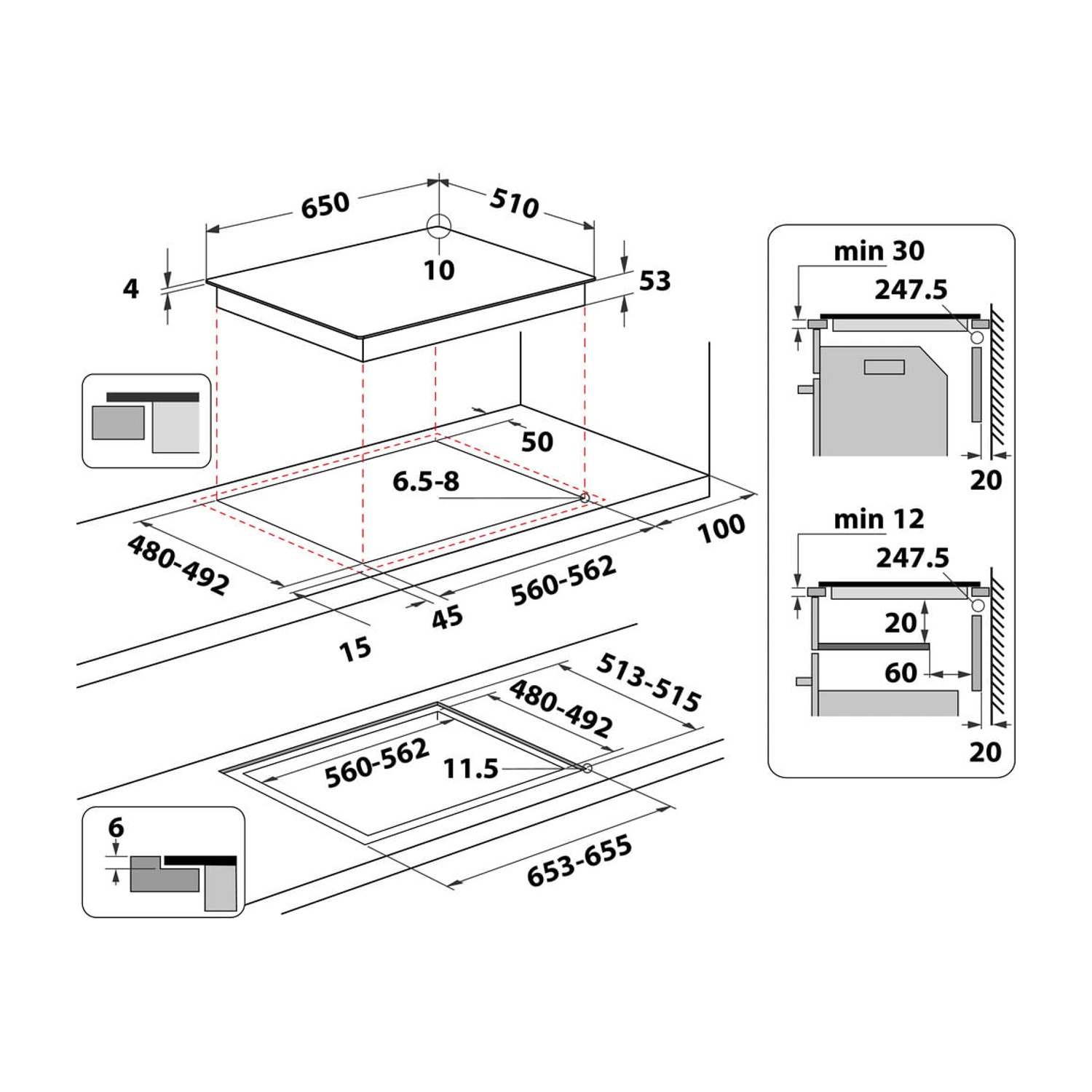 Disegno tecnico con dimensioni per un piano cottura e istruzioni di installazione.