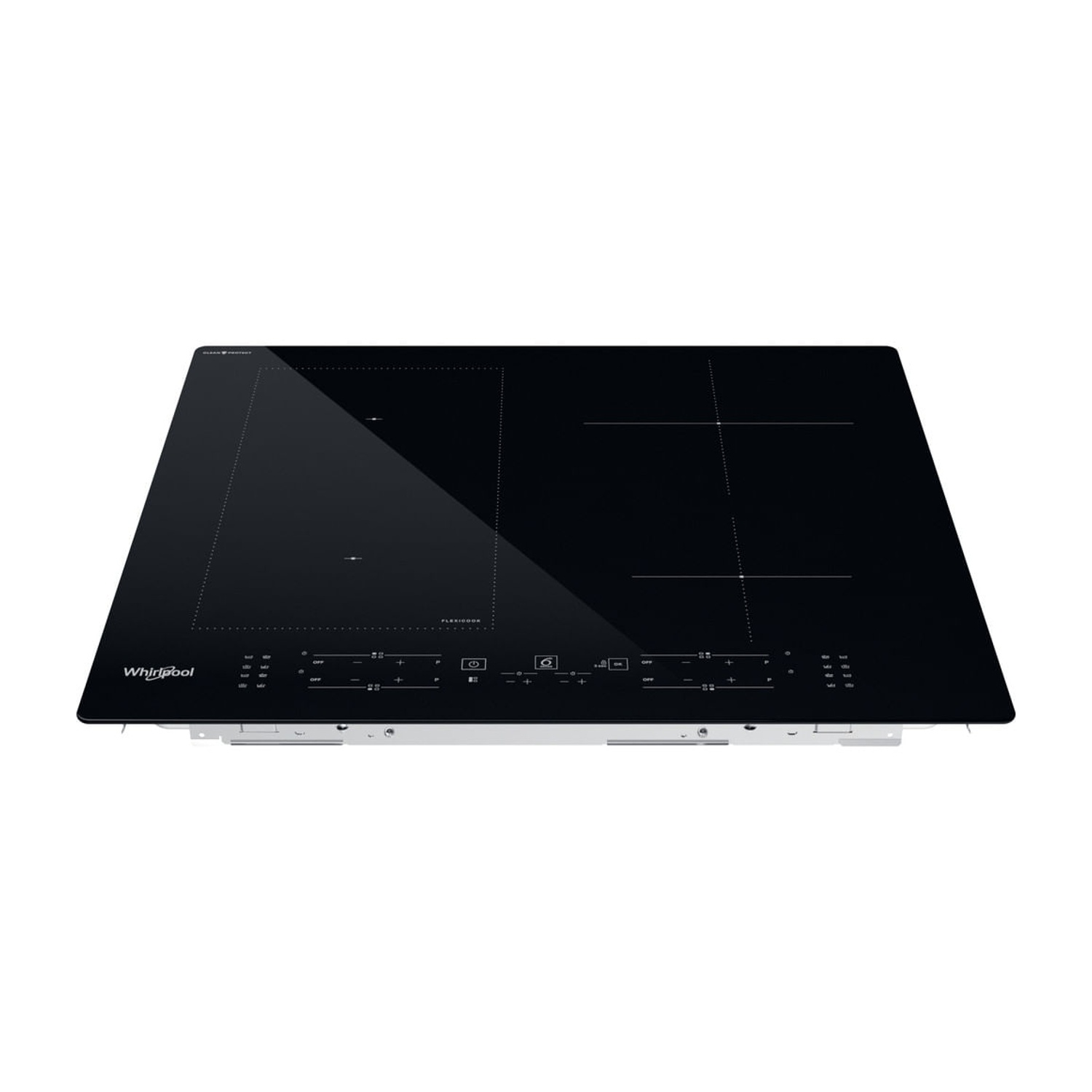 Piano cottura a induzione nero con comandi touch e logo Whirlpool.