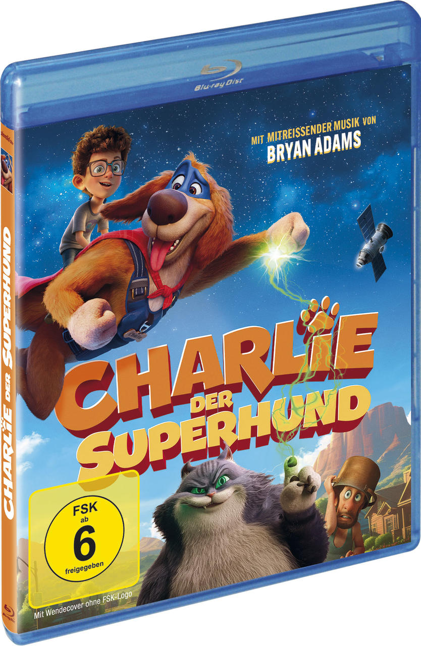 Superheldenhund Charlie fliegt mit einem Jungen über eine Landschaft.