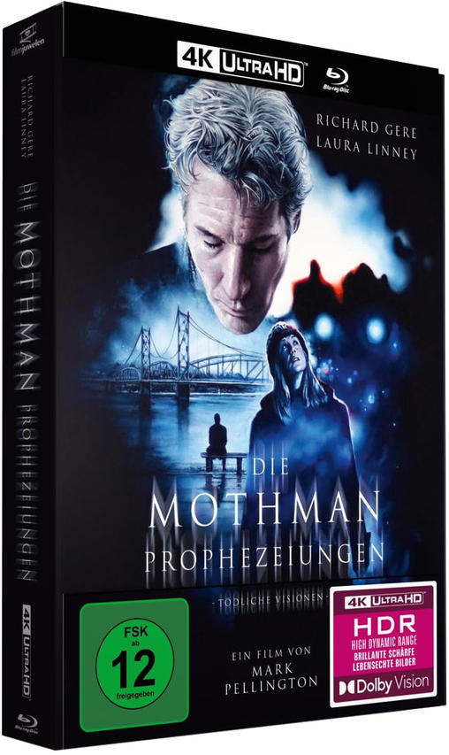 Blu-ray-Hülle von "Die Mothman Prophezeiungen" mit Schauspielern, Brücke und FSK-Siegel.