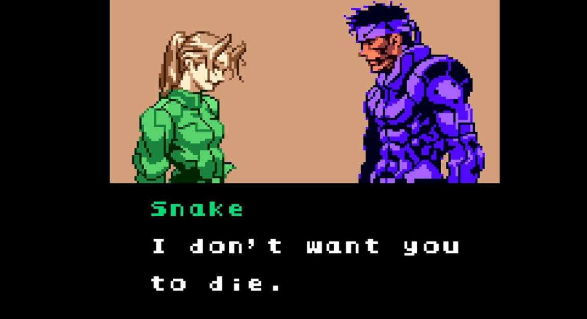 Snake und eine Frau stehen sich gegenüber. Text: Ich will nicht, dass du stirbst.