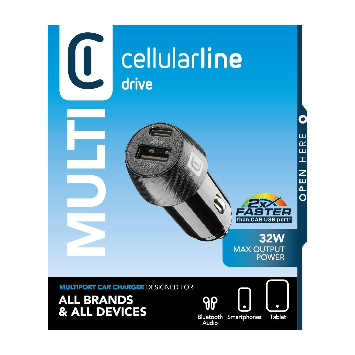 Adattatore caricabatterie per auto nero con due porte USB, 20W e 12W.