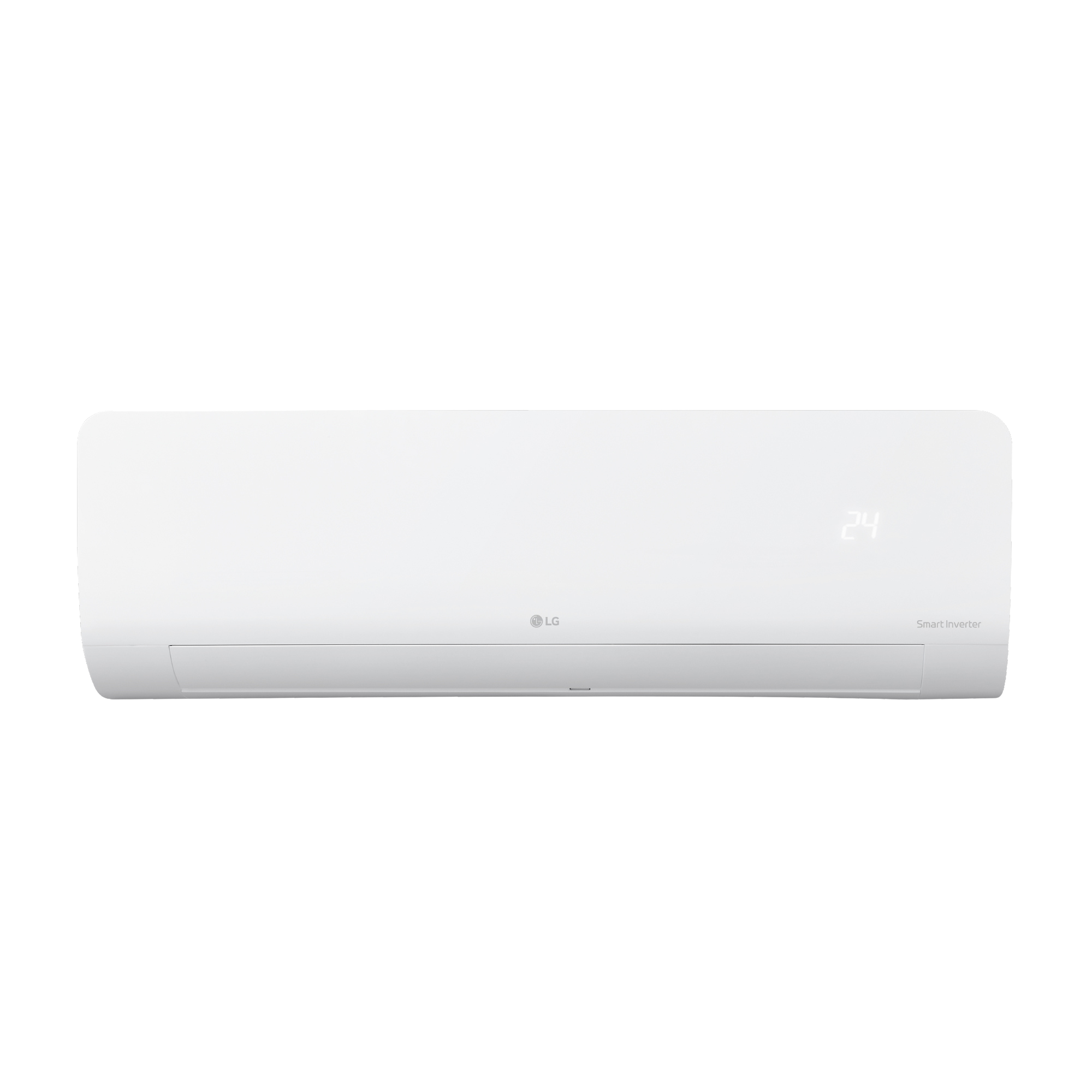 Un aire acondicionado LG blanco con pantalla digital mostrando 24.