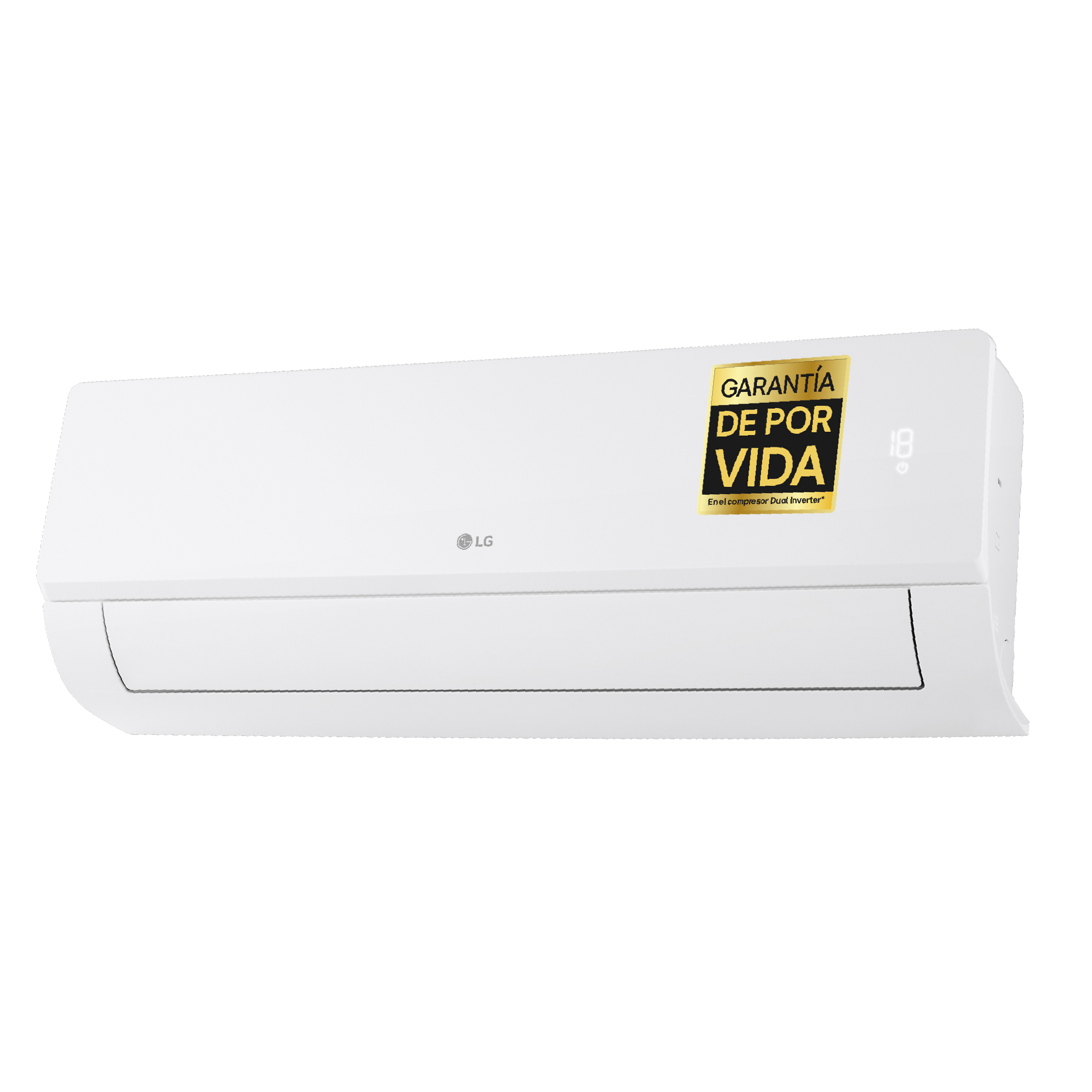 Un aire acondicionado LG blanco con sticker dorado "Garantía de por vida".
