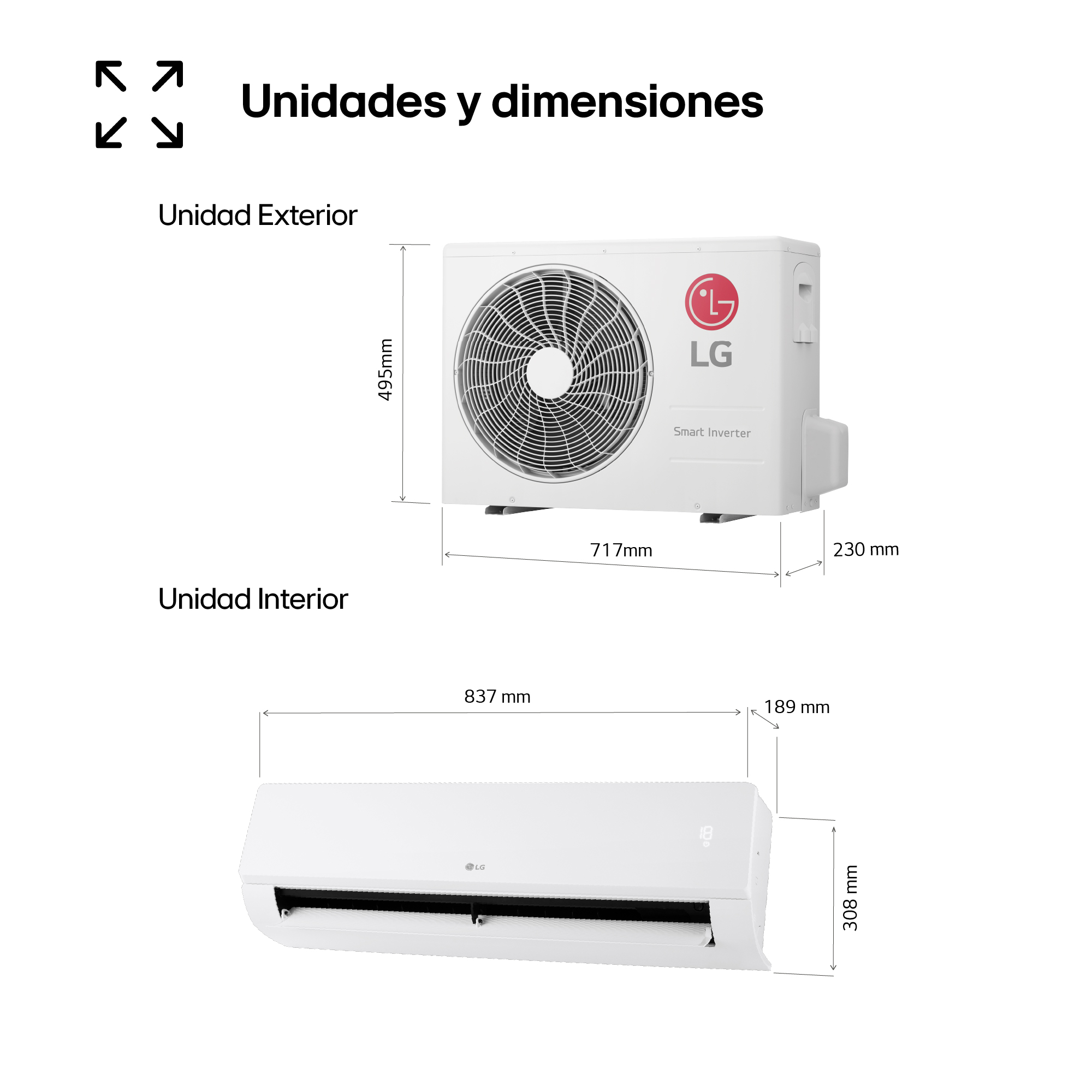 AA LG blanco: unidad exterior 717x495x230mm, unidad interior 837x308x189mm.