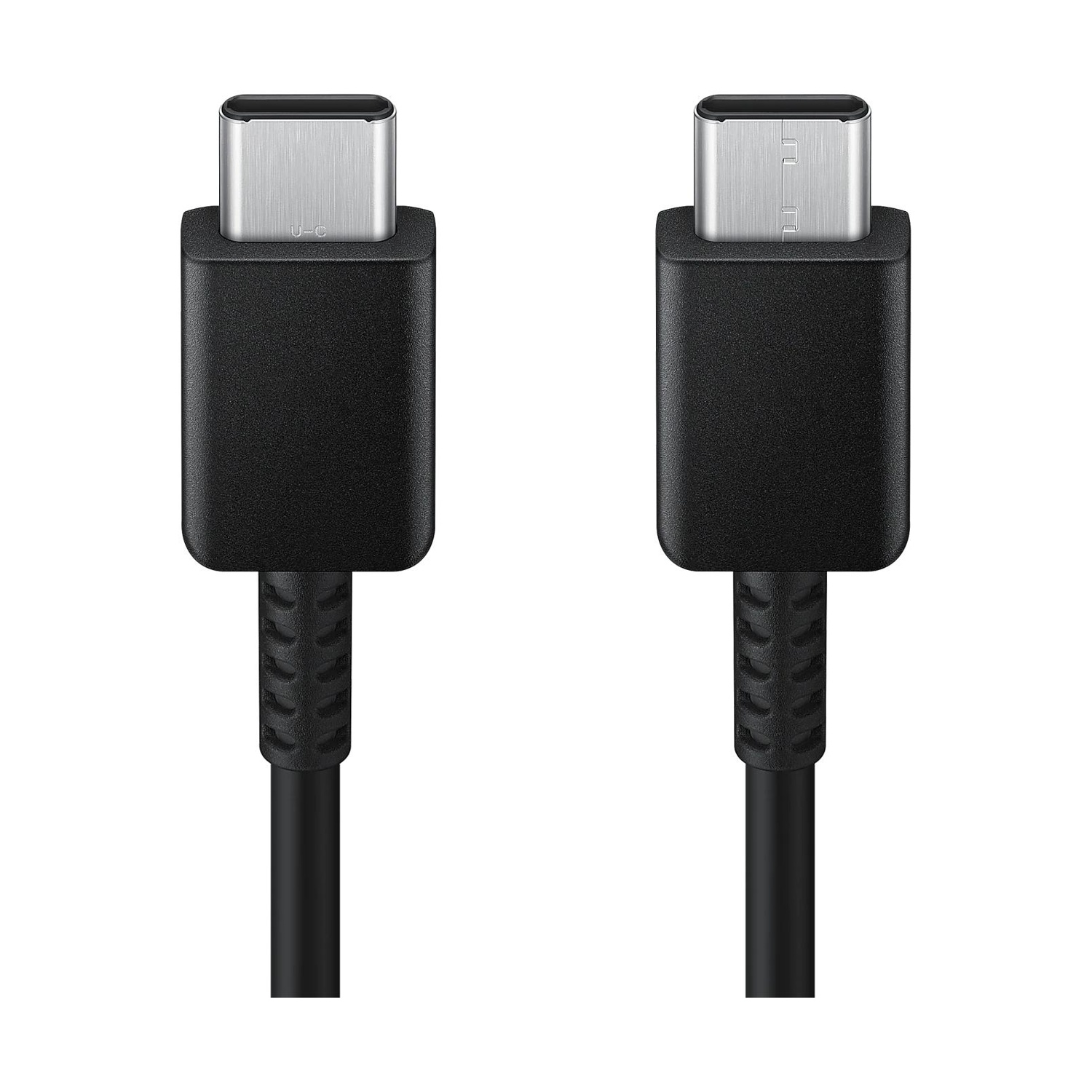 Due cavi USB-C neri con connettori argentati su sfondo bianco.