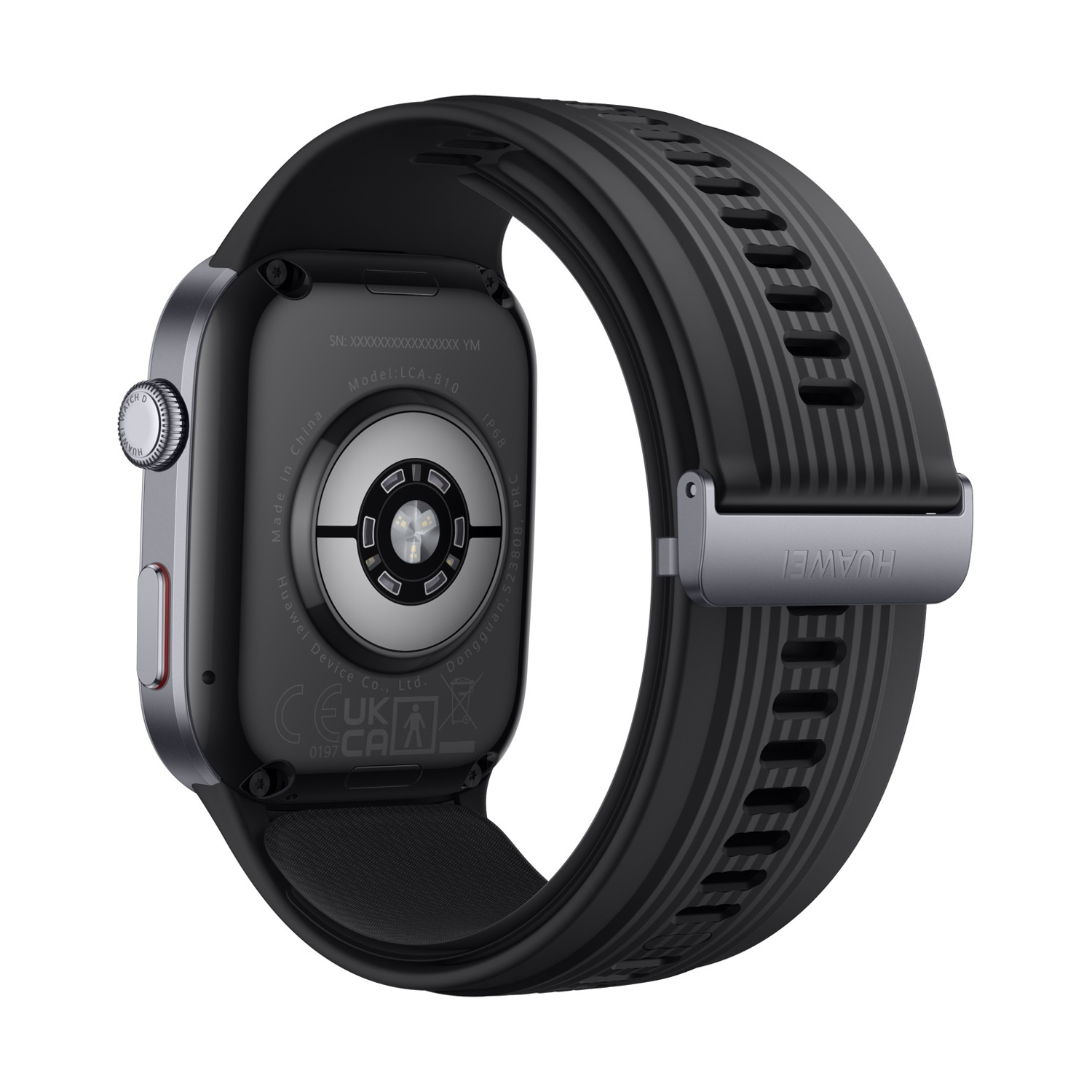 Retro di uno smartwatch nero con cinturino nero e pulsante argentato.