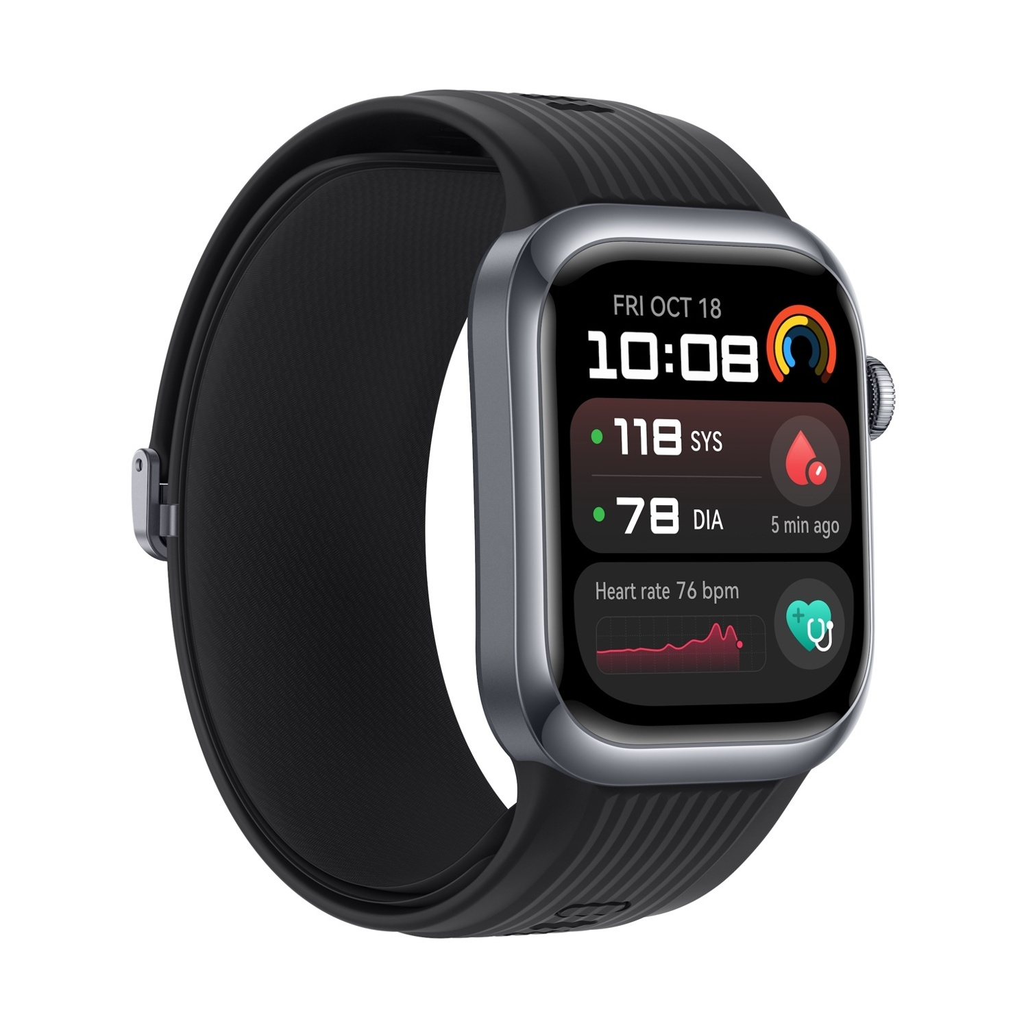 Uno smartwatch nero mostra data, ora e metriche sanitarie come la pressione sanguigna.