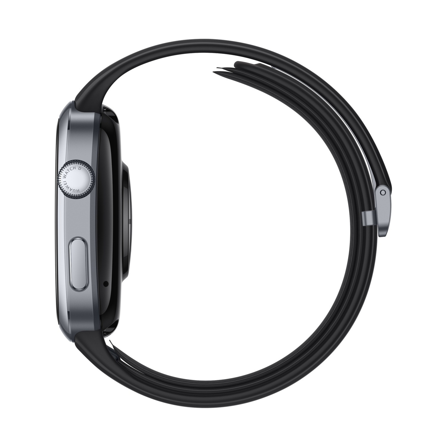 Uno smartwatch grigio con cinturino nero su sfondo bianco.