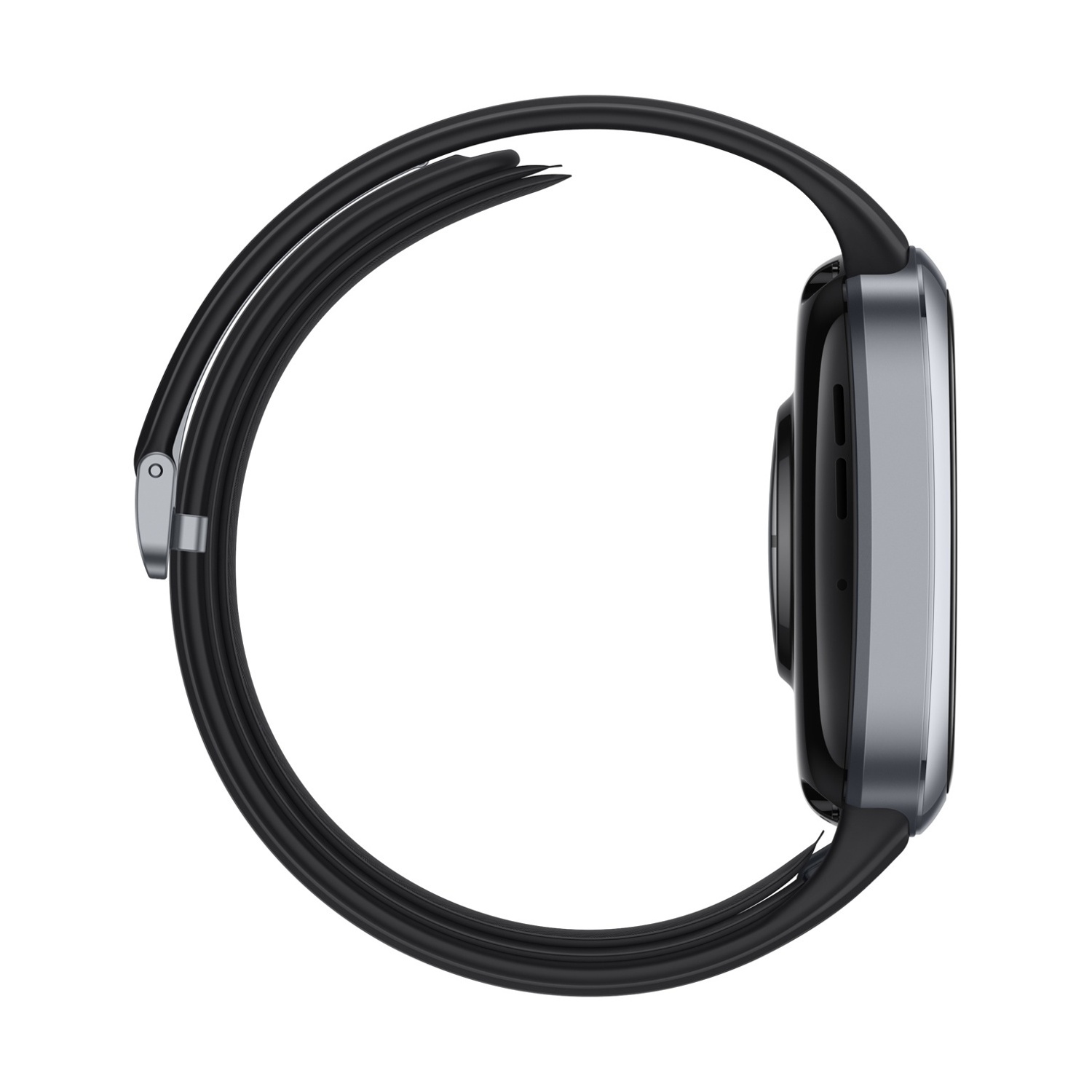 Cinturino per smartwatch nero con chiusura argentata. Vista laterale.