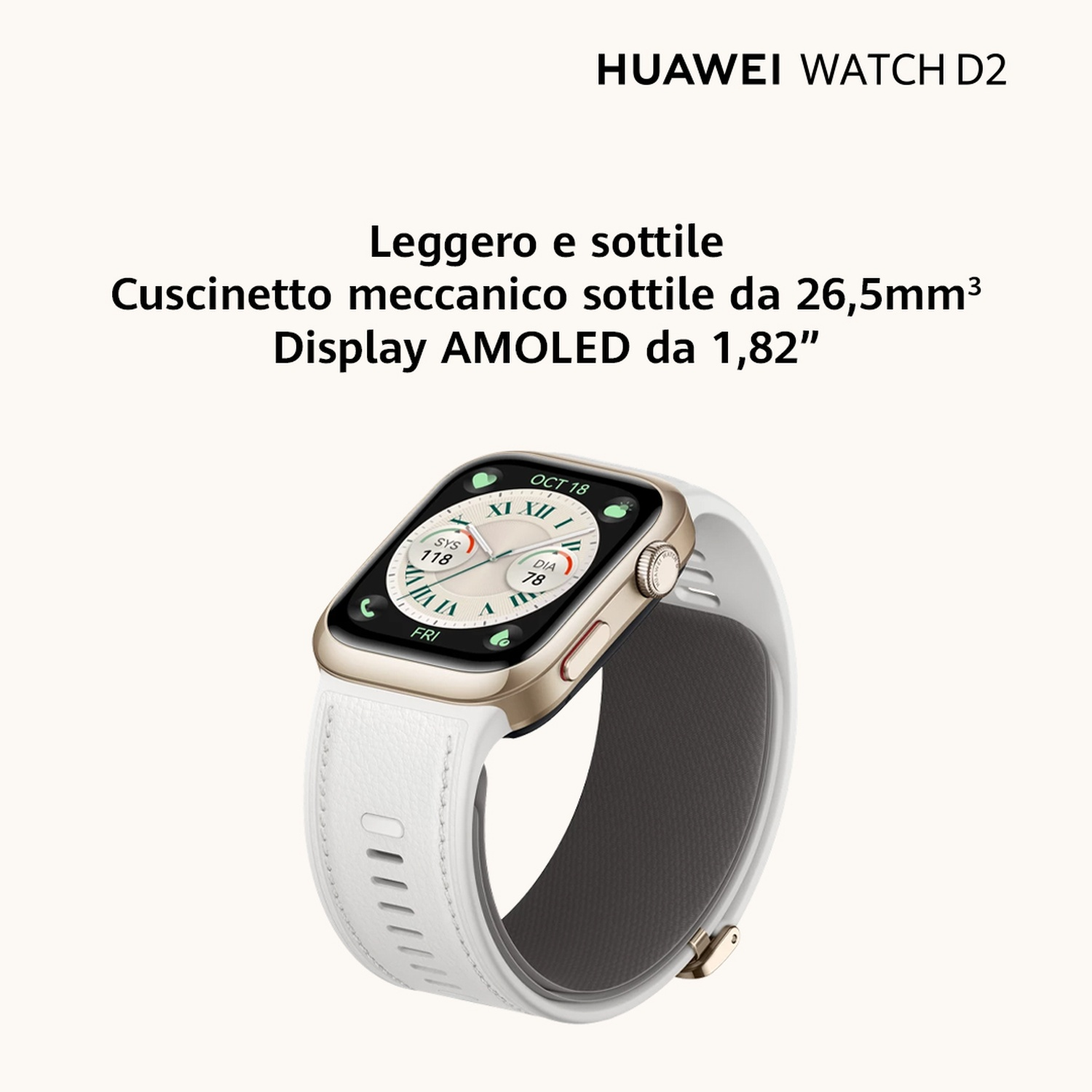 Huawei Watch D2 con cinturino bianco e cassa dorata. Il display mostra data e dati sanitari.