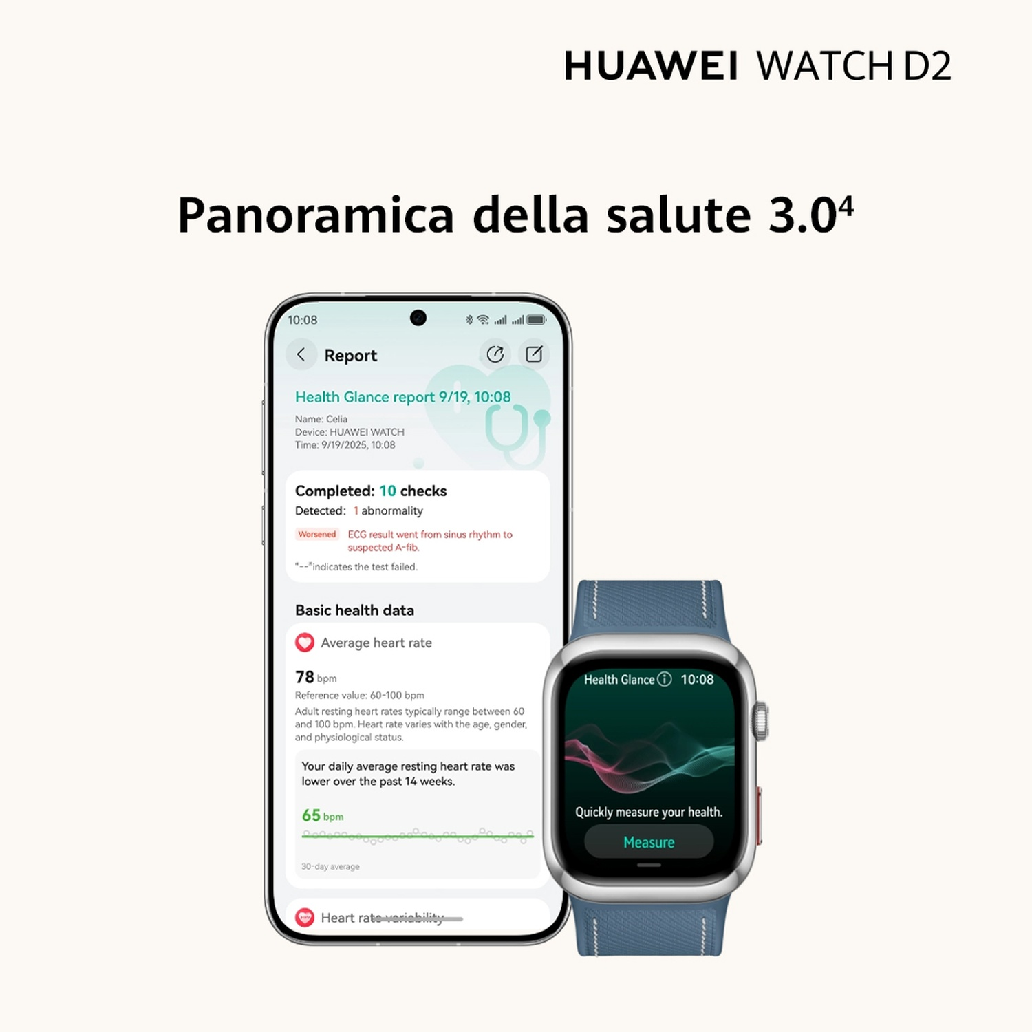 Huawei Watch D2 mostra report salute su telefono e quadrante con dati salute.
