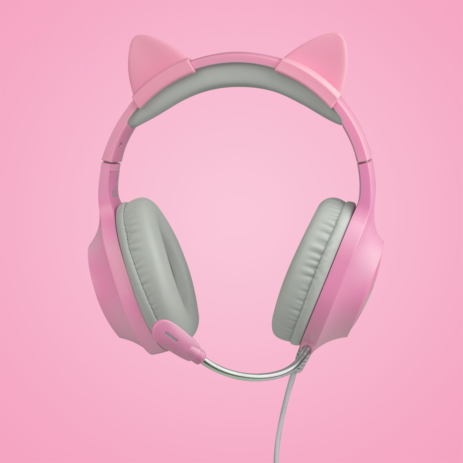 Ein rosa Headset mit Katzenohren und grauen Ohrpolstern steht vor einem rosa Hintergrund.