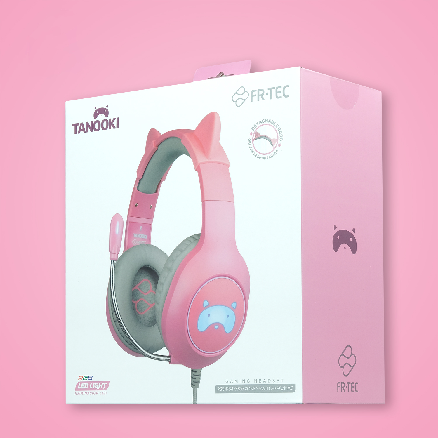 Ein pinker Gaming-Kopfhörer mit Katzenohren auf einer rosafarbenen Verpackung.