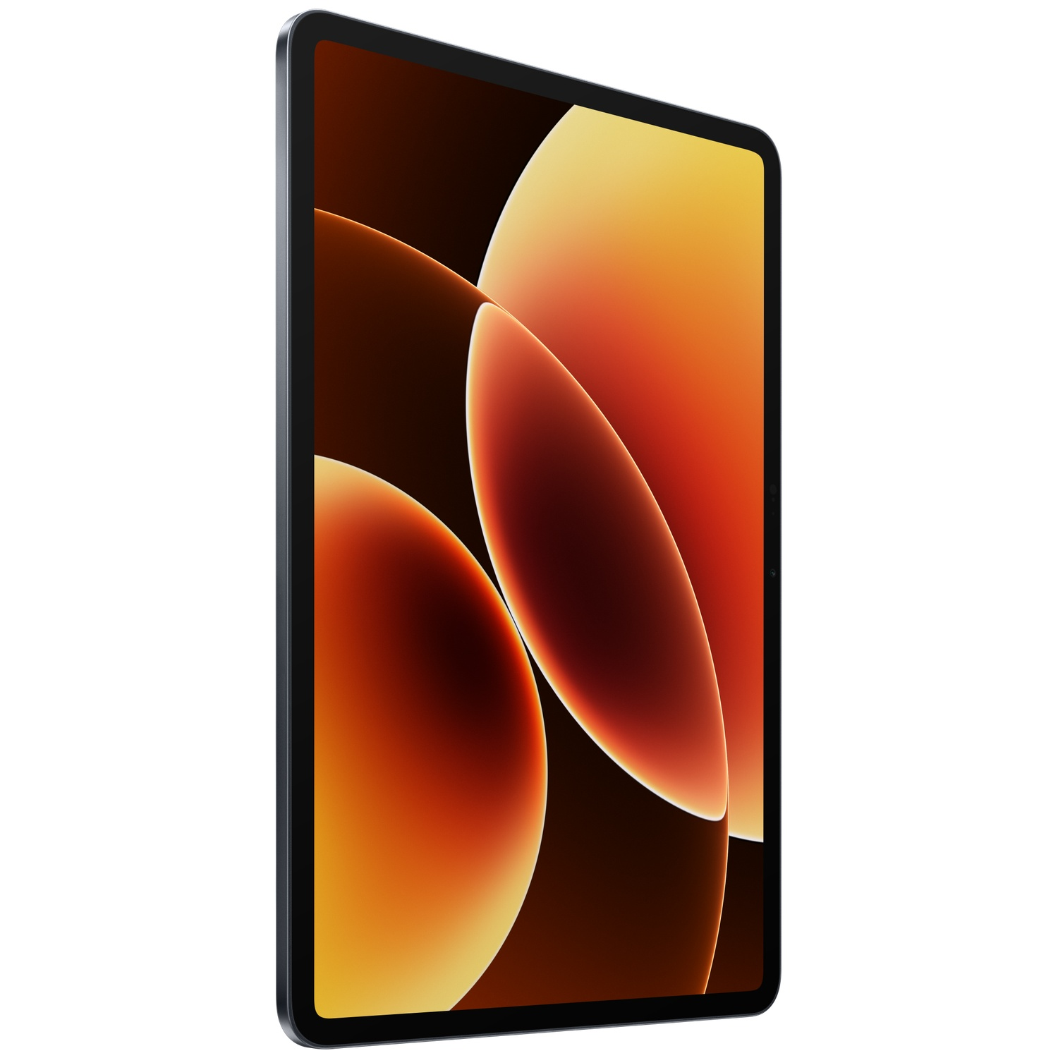 Een donkere tablet met een oranje-gele abstracte achtergrond.