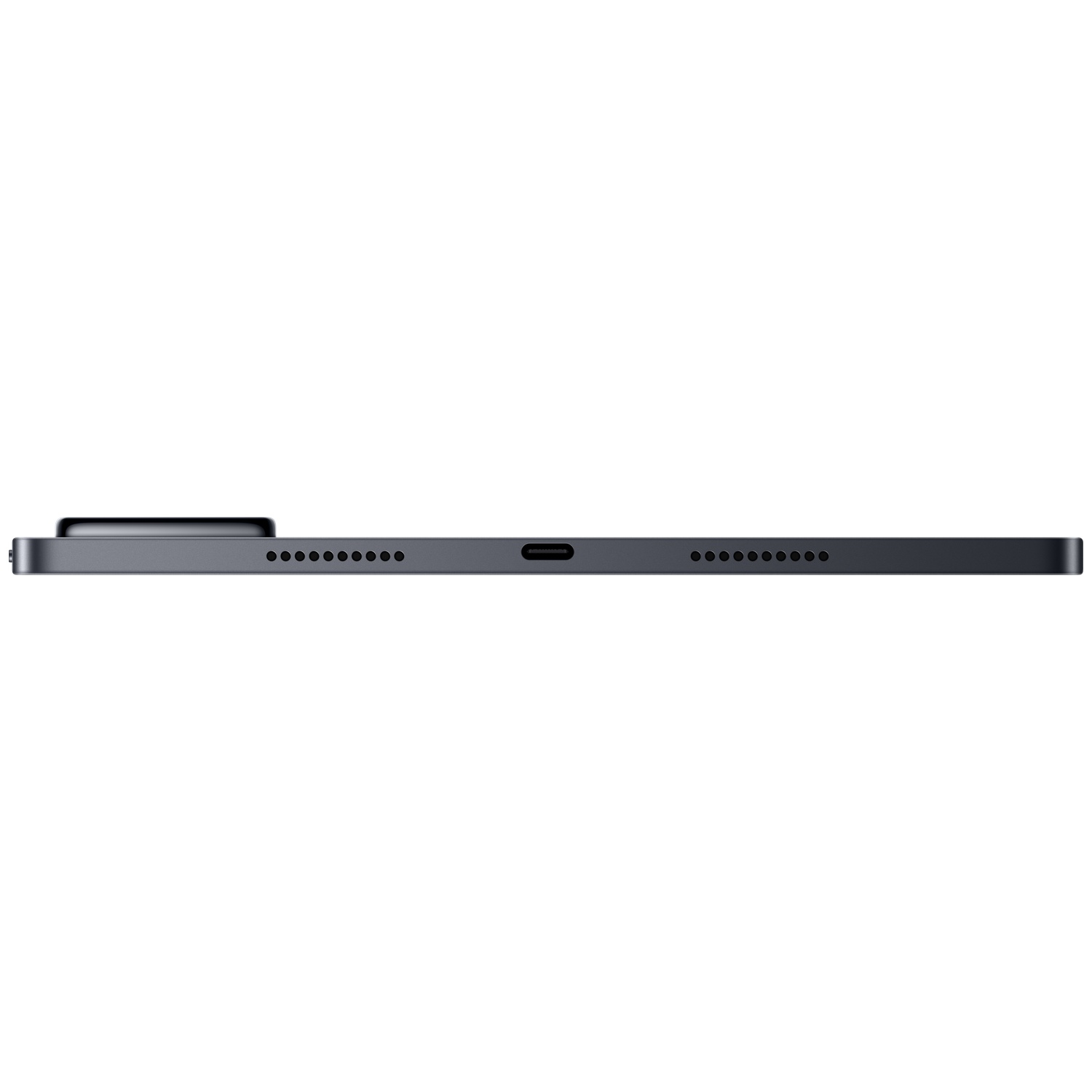 Bovenrand van een donkere tablet met luidsprekeropeningen en een USB-C-poort.