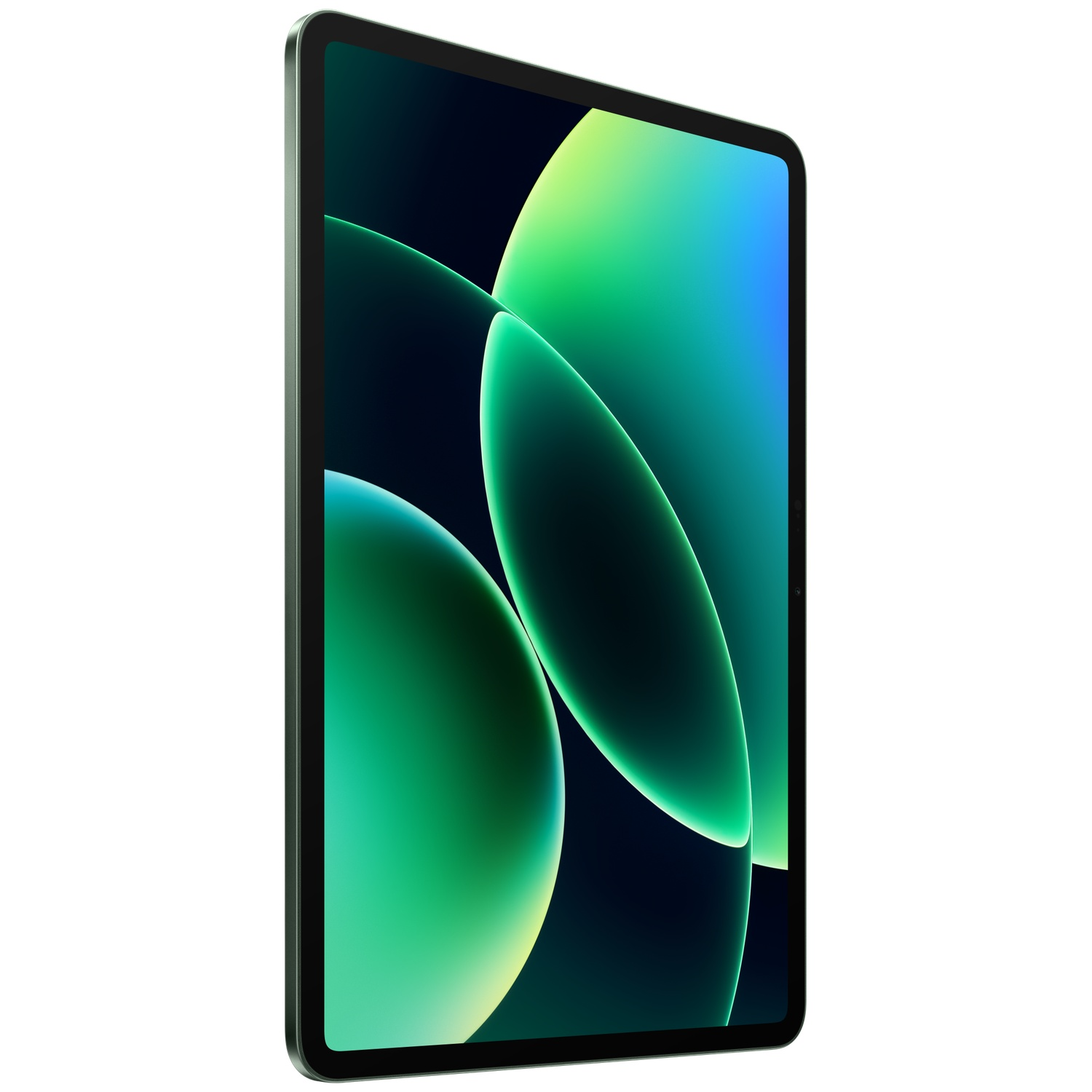 Tablette verte avec économiseur d'écran abstrait vert et bleu sur fond blanc.
