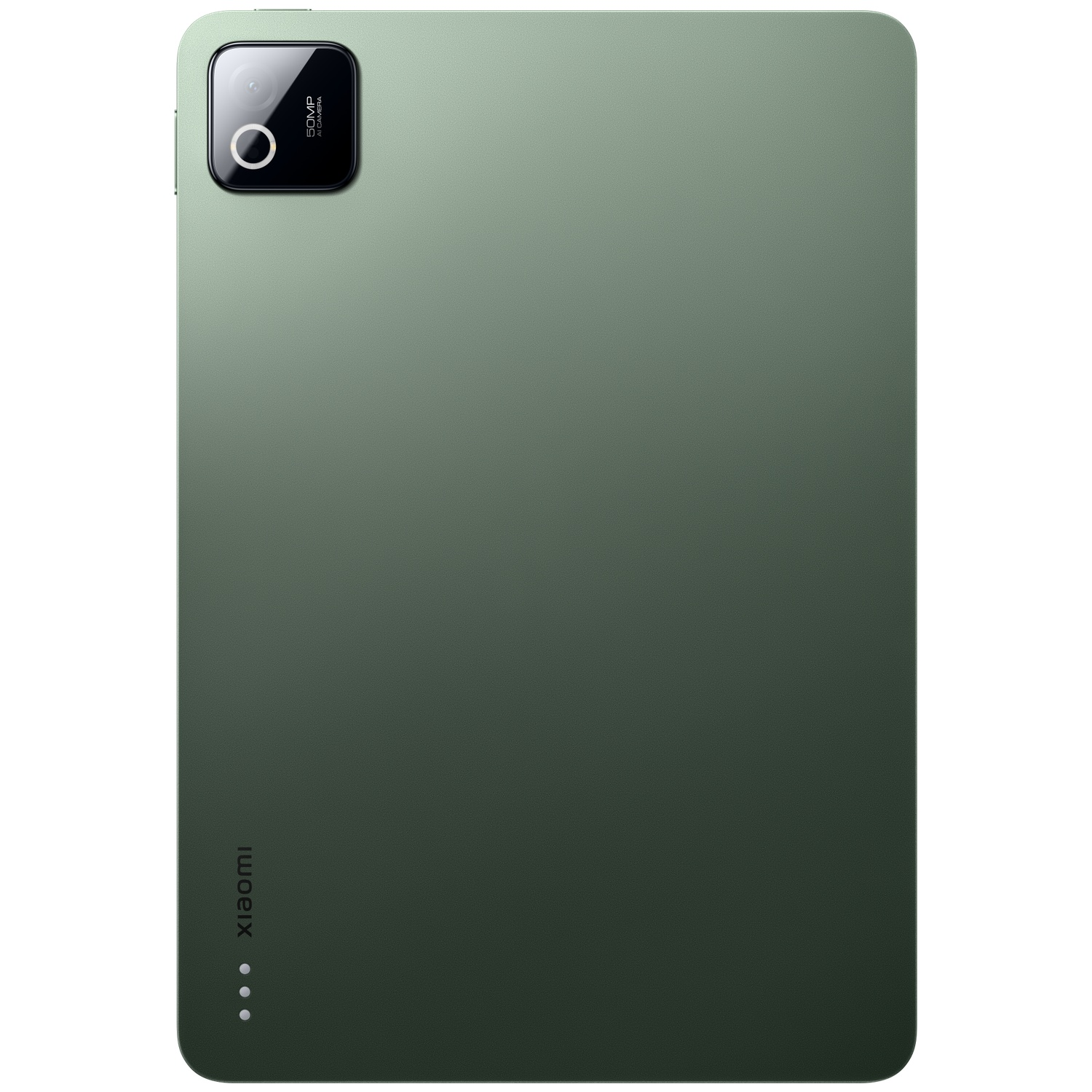Dos d'une tablette verte avec module caméra et logo Xiaomi.