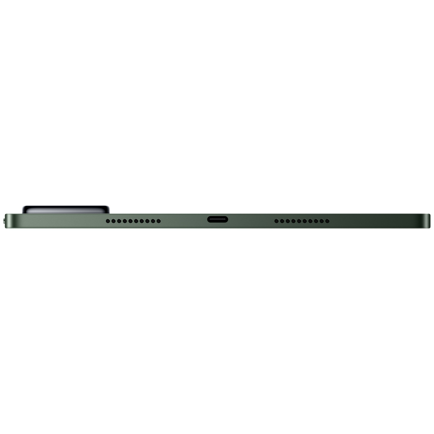 Tablette verte vue de côté avec des trous de haut-parleur et un port USB-C.