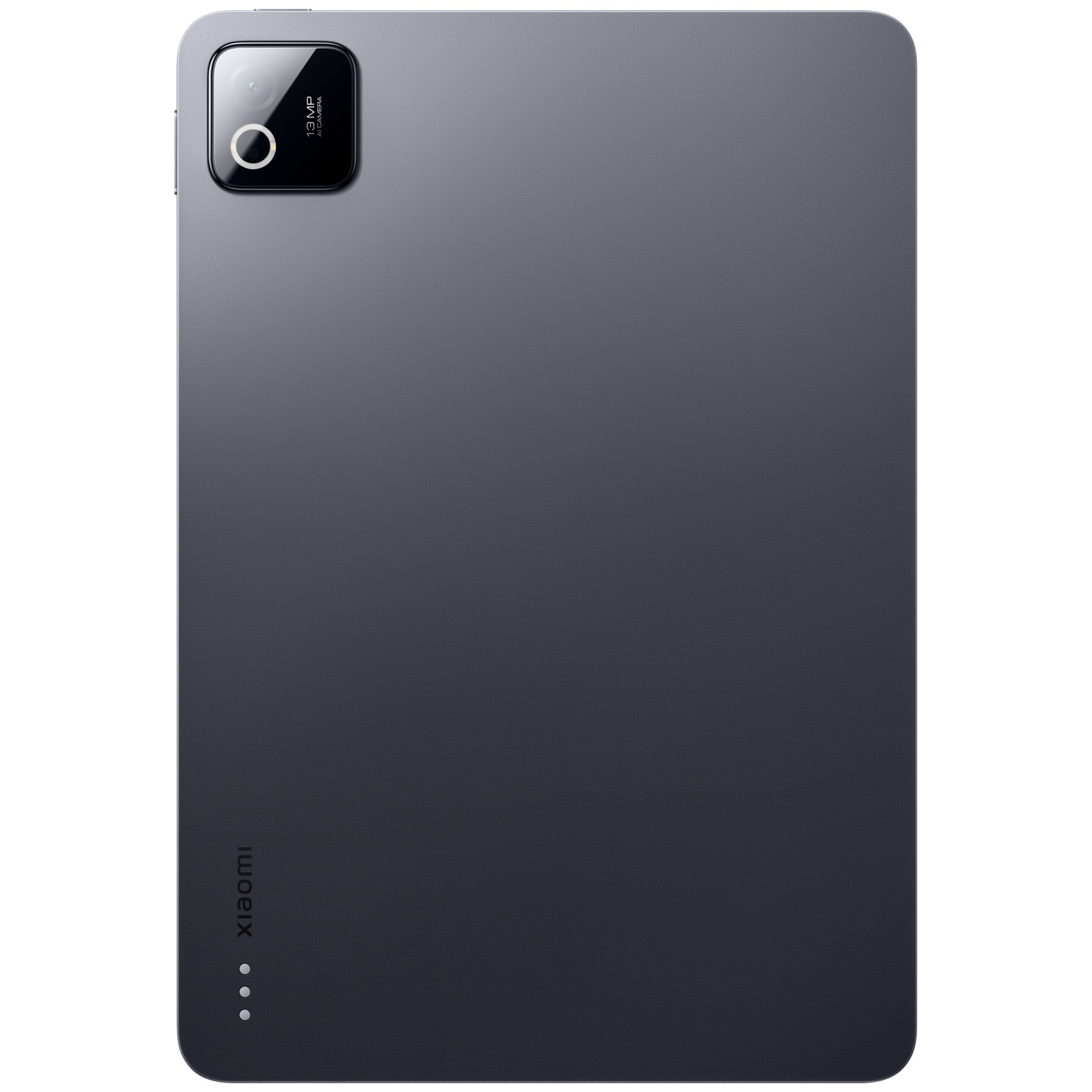 Donkergrijs tablet met 13MP camera en Xiaomi-logo op de achterkant.