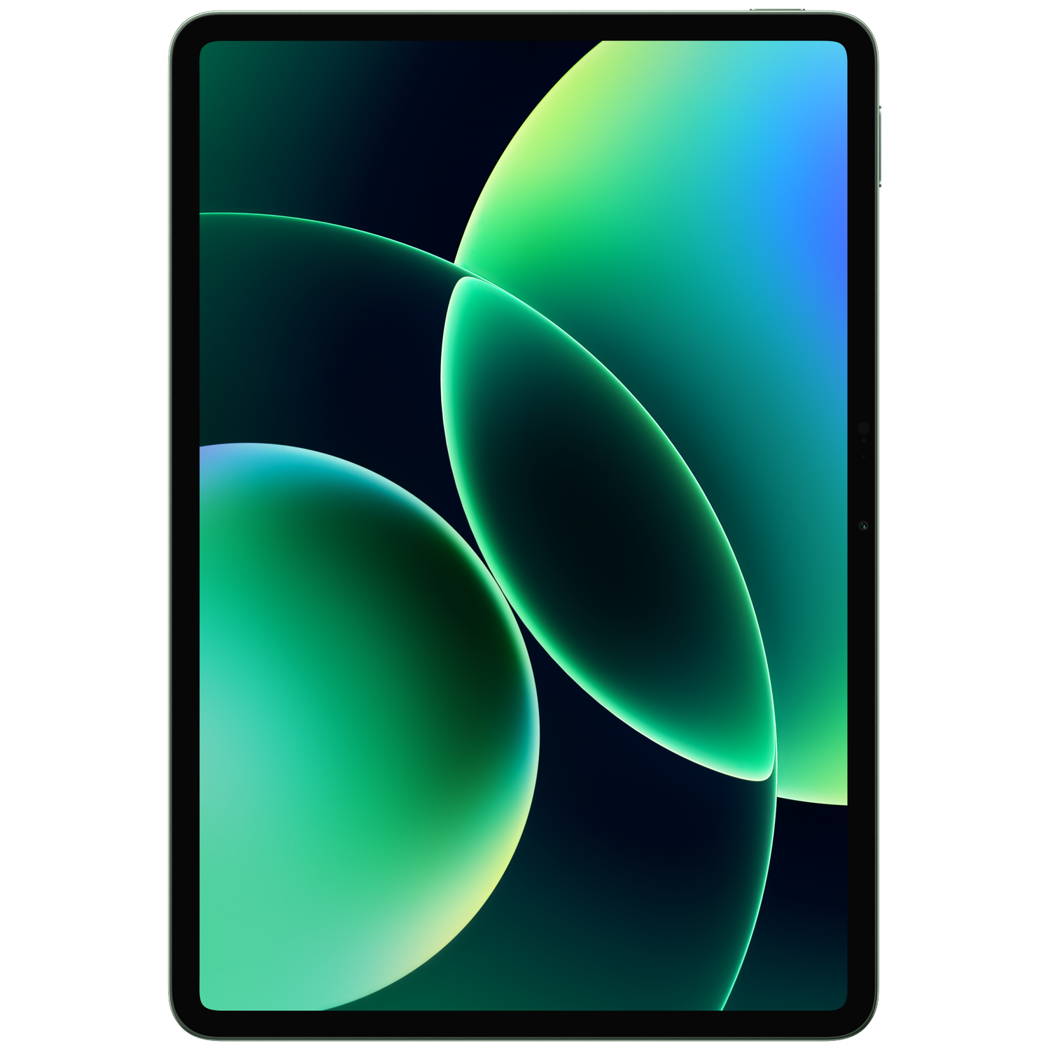 Une tablette affiche un écran sombre avec des formes abstraites vertes et bleues.