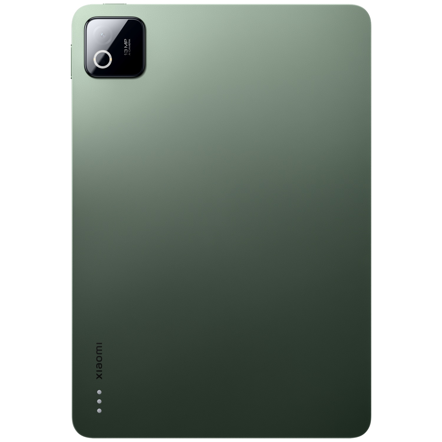 Arrière d'une tablette verte avec appareil photo 13MP et logo Xiaomi.