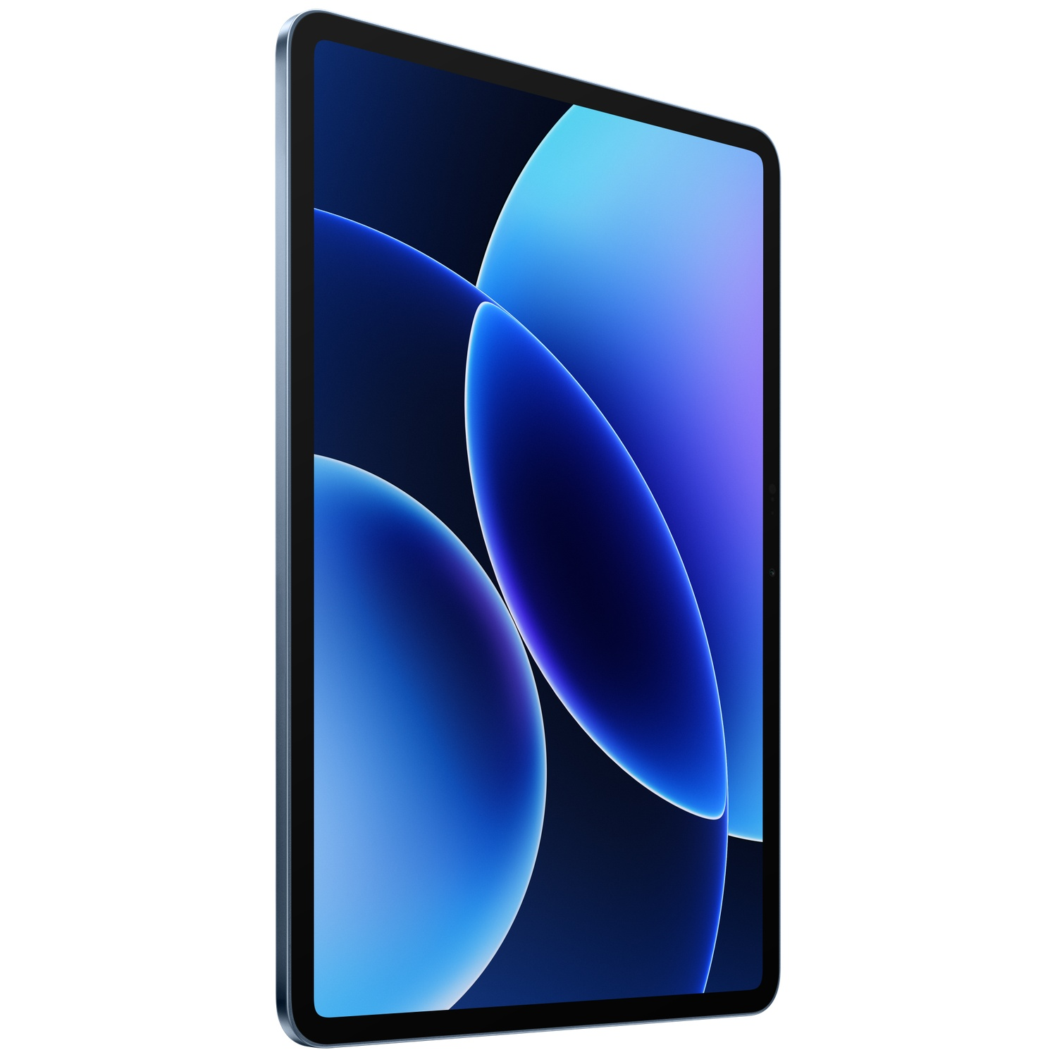 Een lichtblauwe tablet met een abstracte blauwe achtergrond.